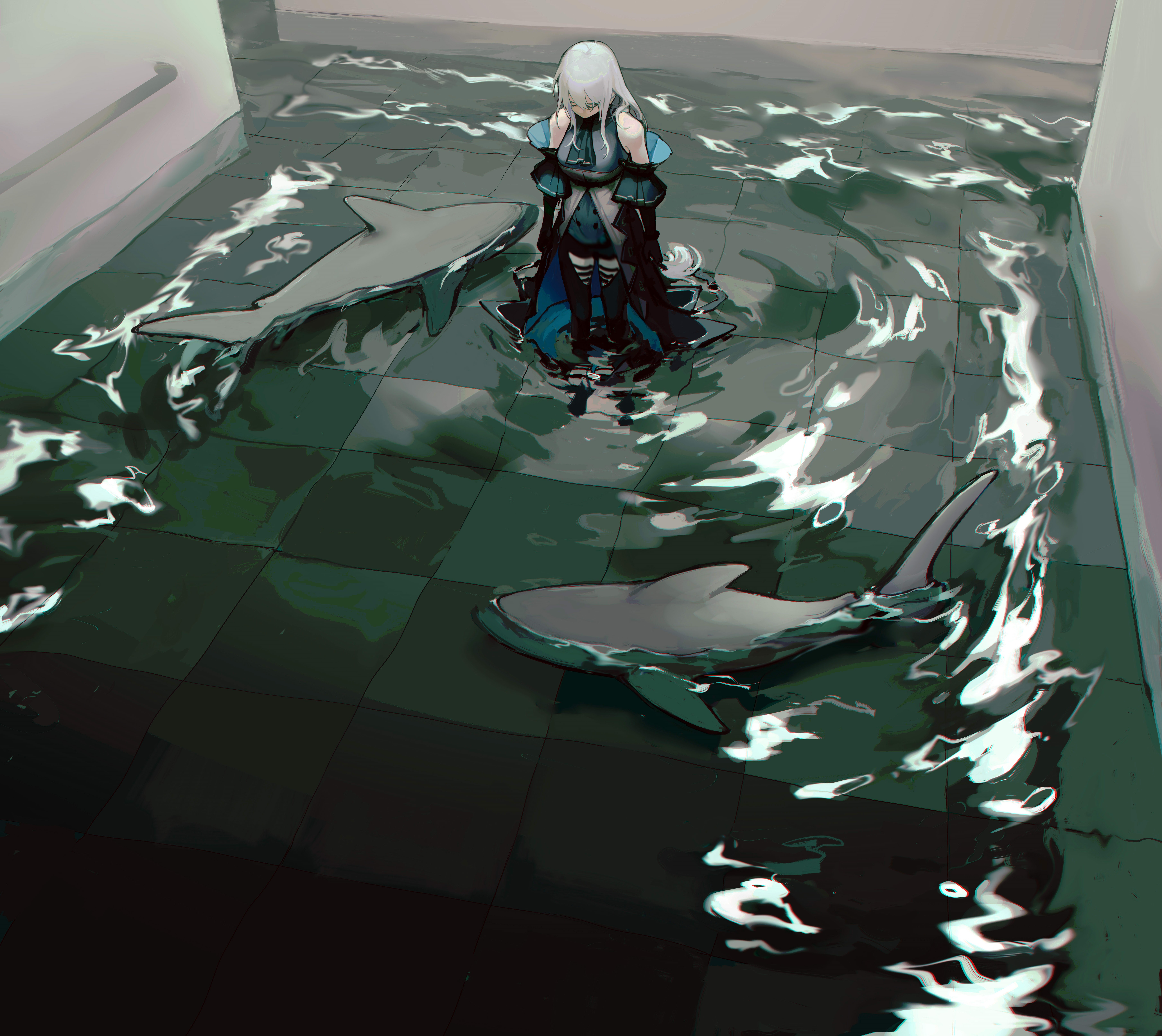Skadi from Arknights in flooded room with sharks HD Wallpaper