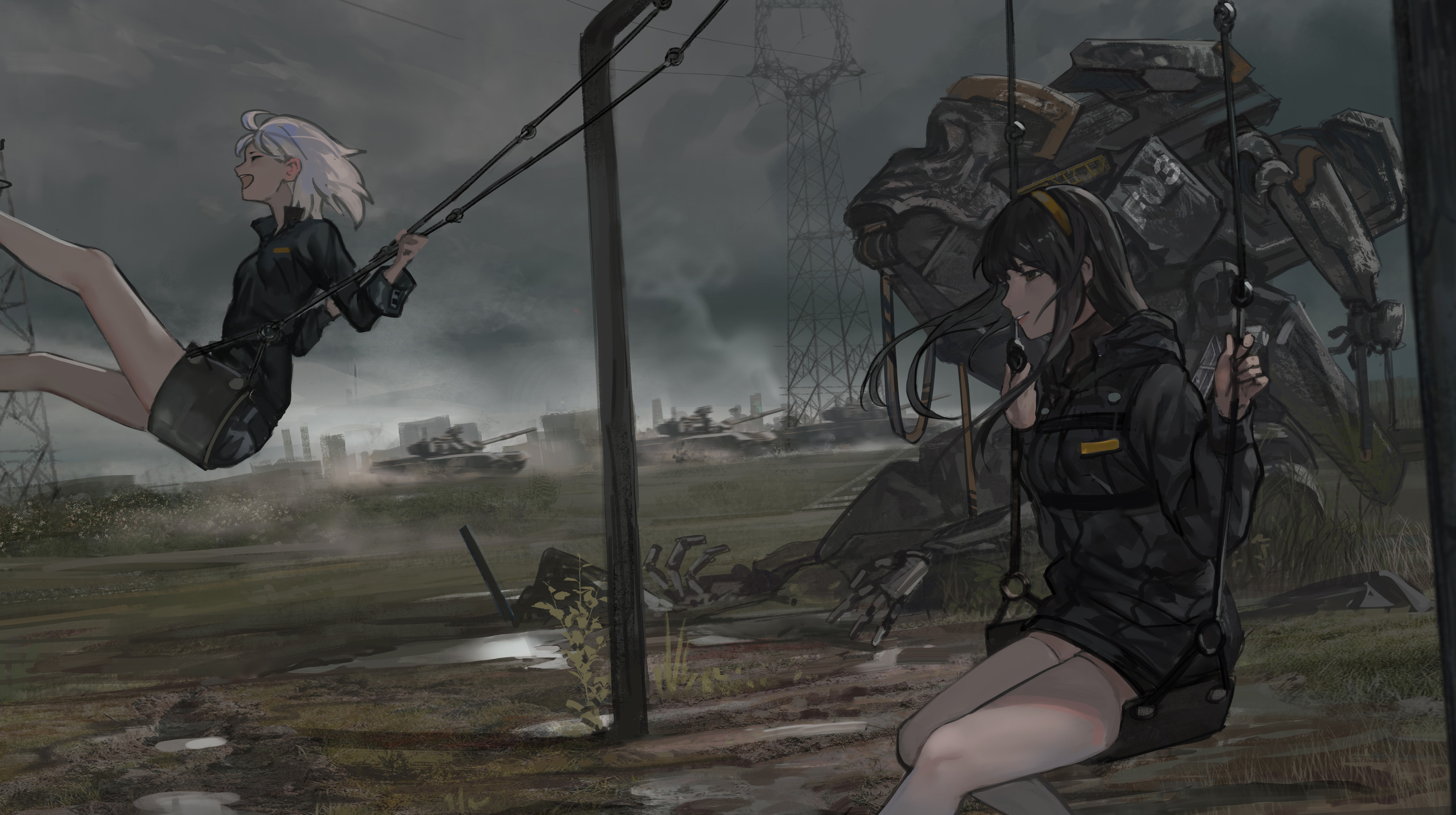 Anime girls on swings with robots and tanks HD Wallpaper