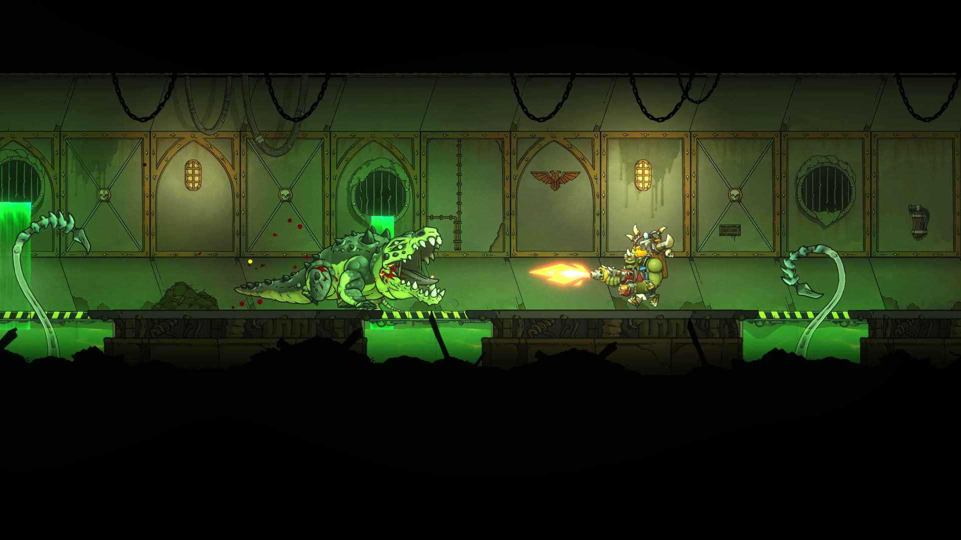 Warhammer 40K: Shootas, Blood and Teef - Ork fighting a crocodile HD Wallpaper