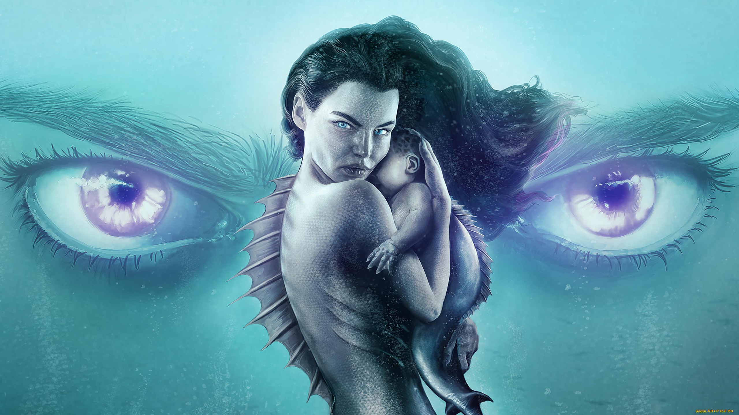Mermaid holding a baby with large eyes in background HD Wallpaper