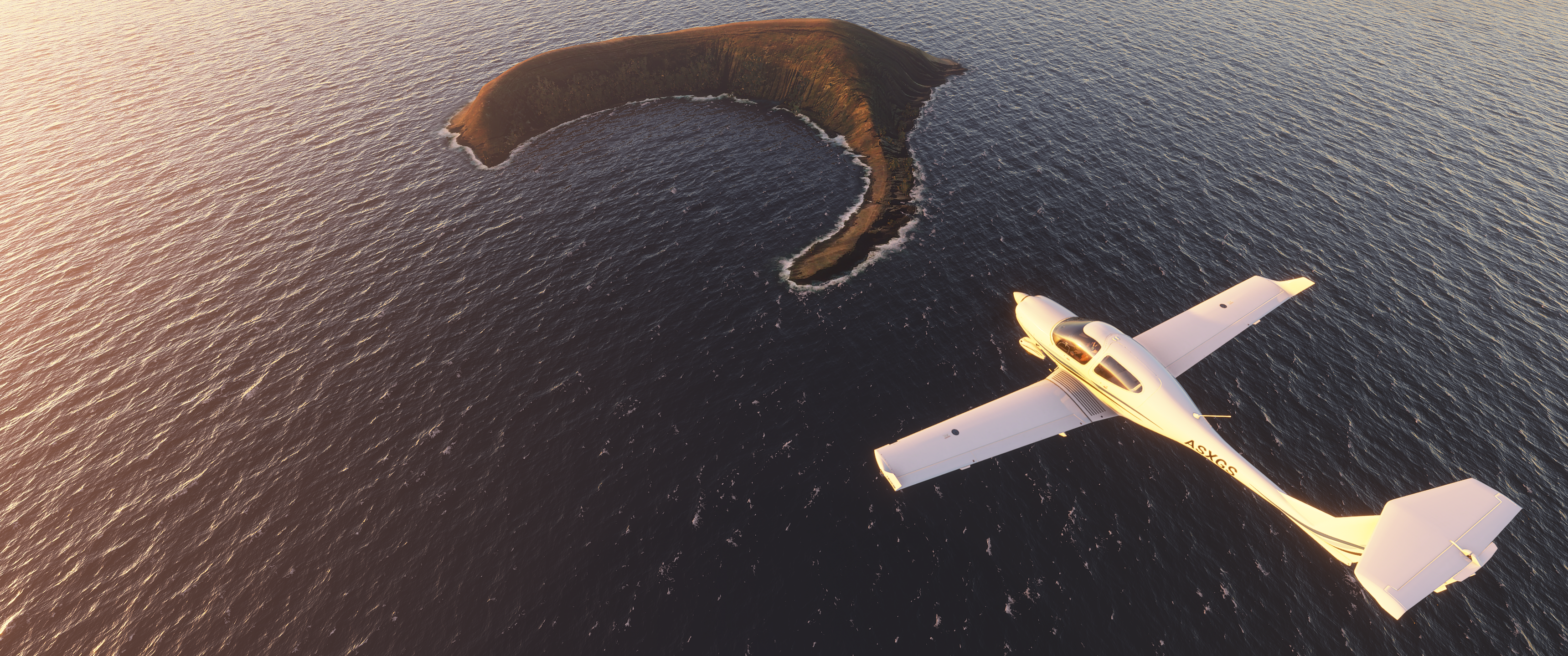 Airplane flying over water near an island HD Wallpaper