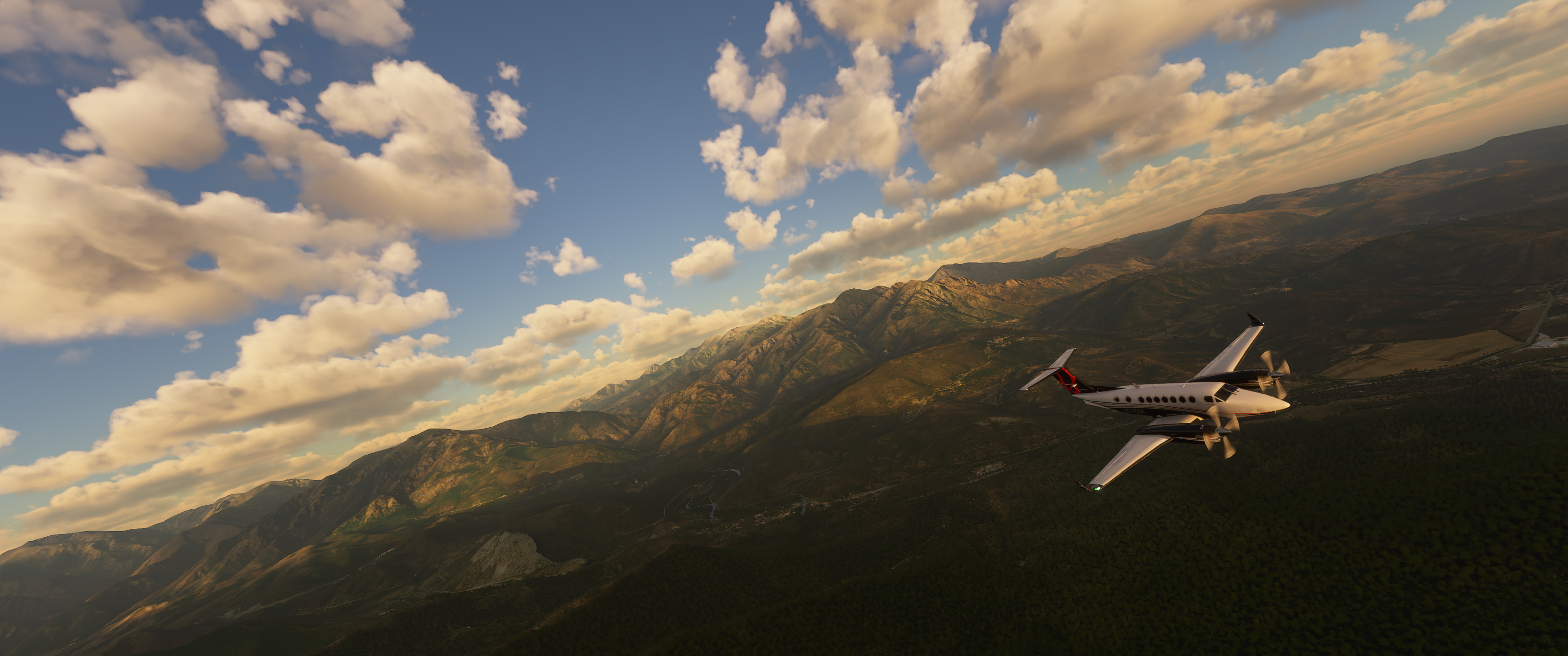 Twin-engine plane flying over mountains in flight simulator HD Wallpaper