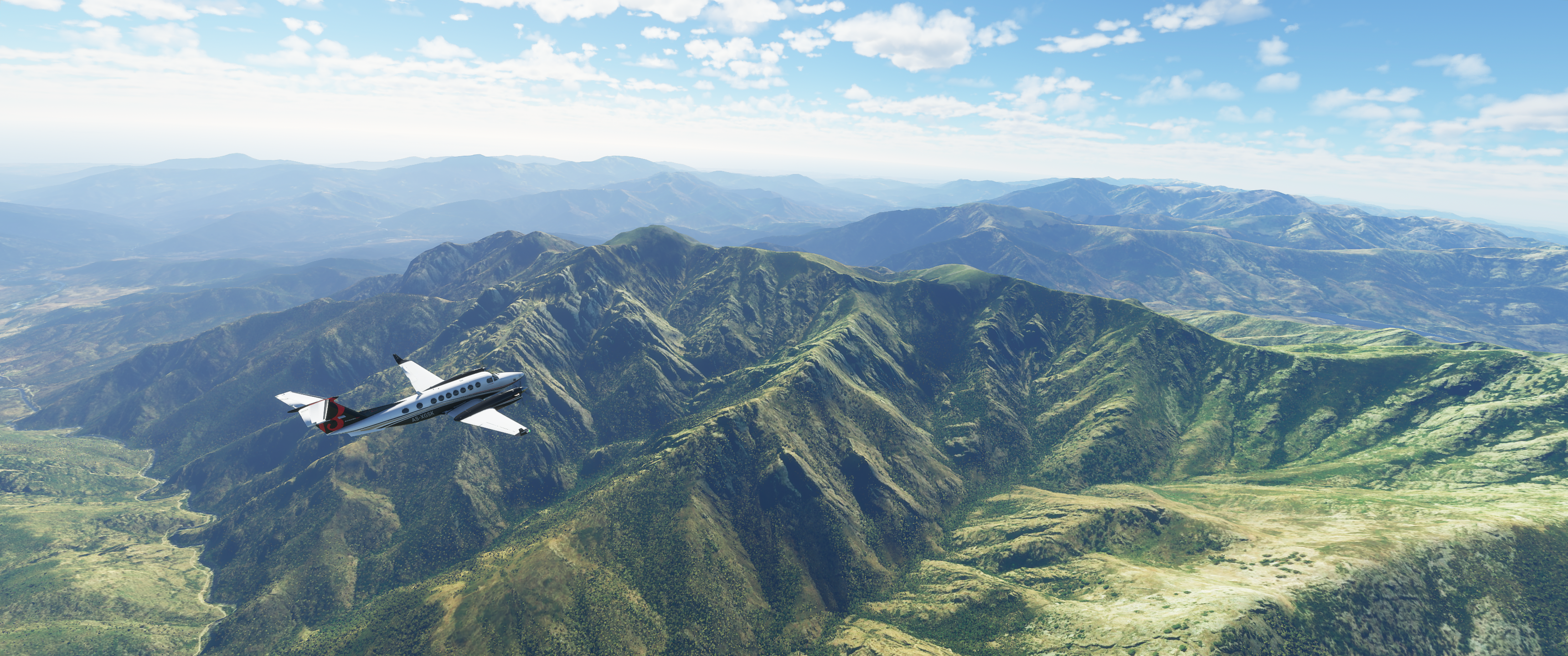 Airplane flying over mountains in flight simulator HD Wallpaper