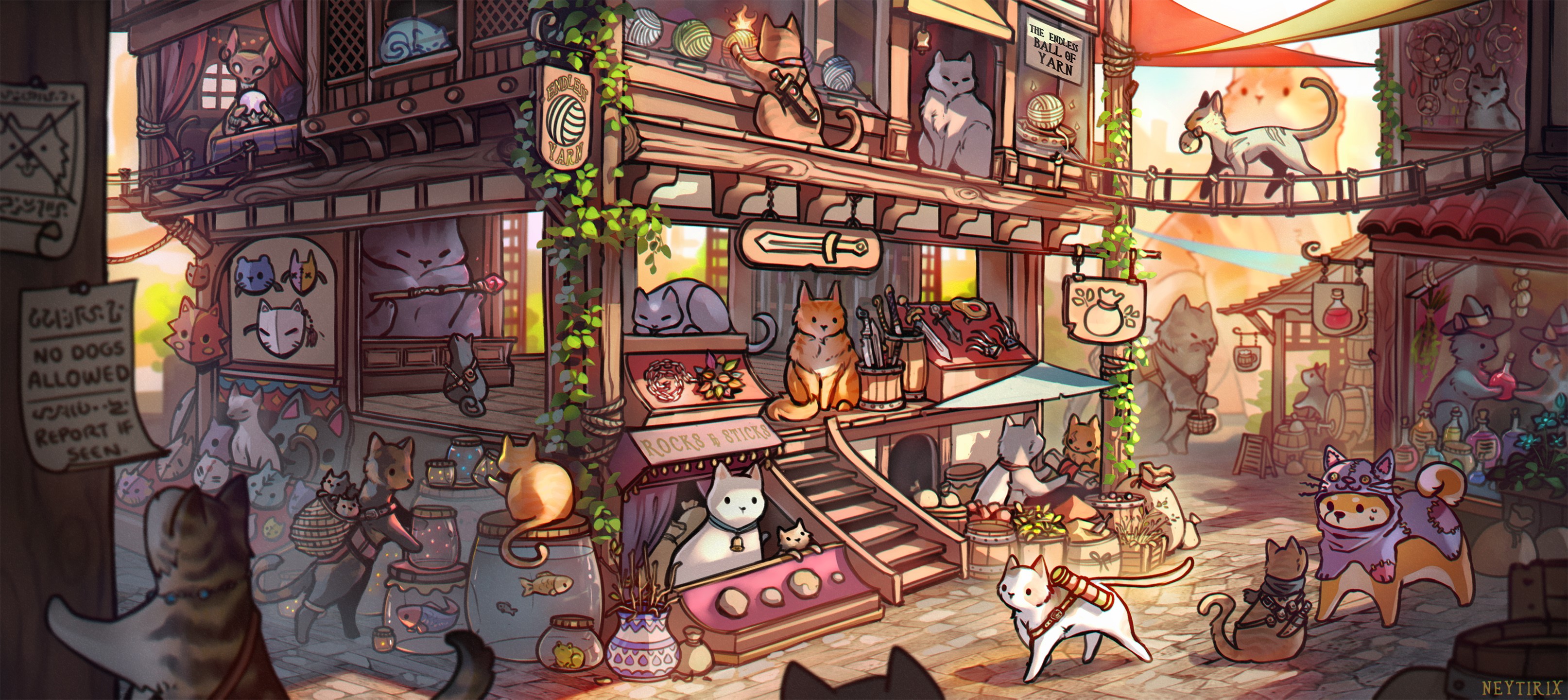 Cats in a fantasy village market with yarn and magic items HD Wallpaper