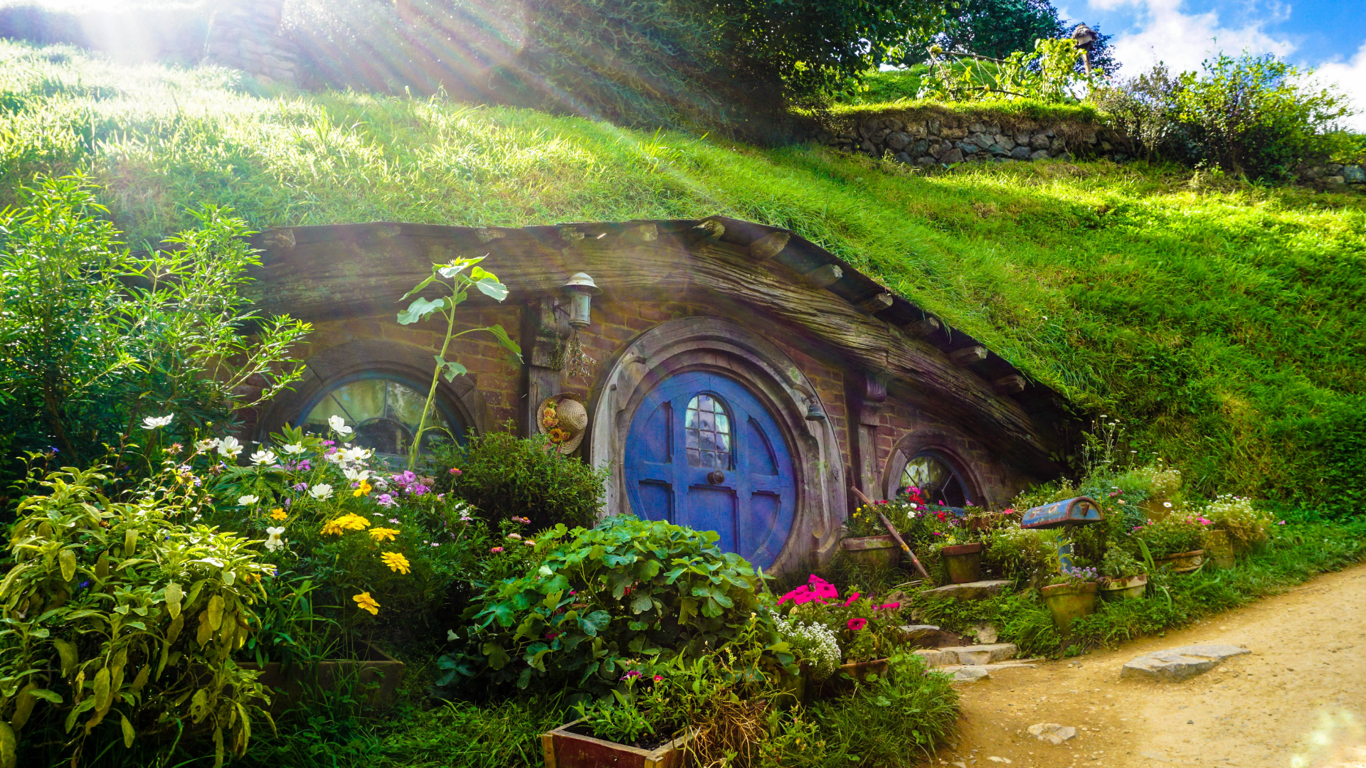 Hobbiton home with blue door and flowers HD Wallpaper