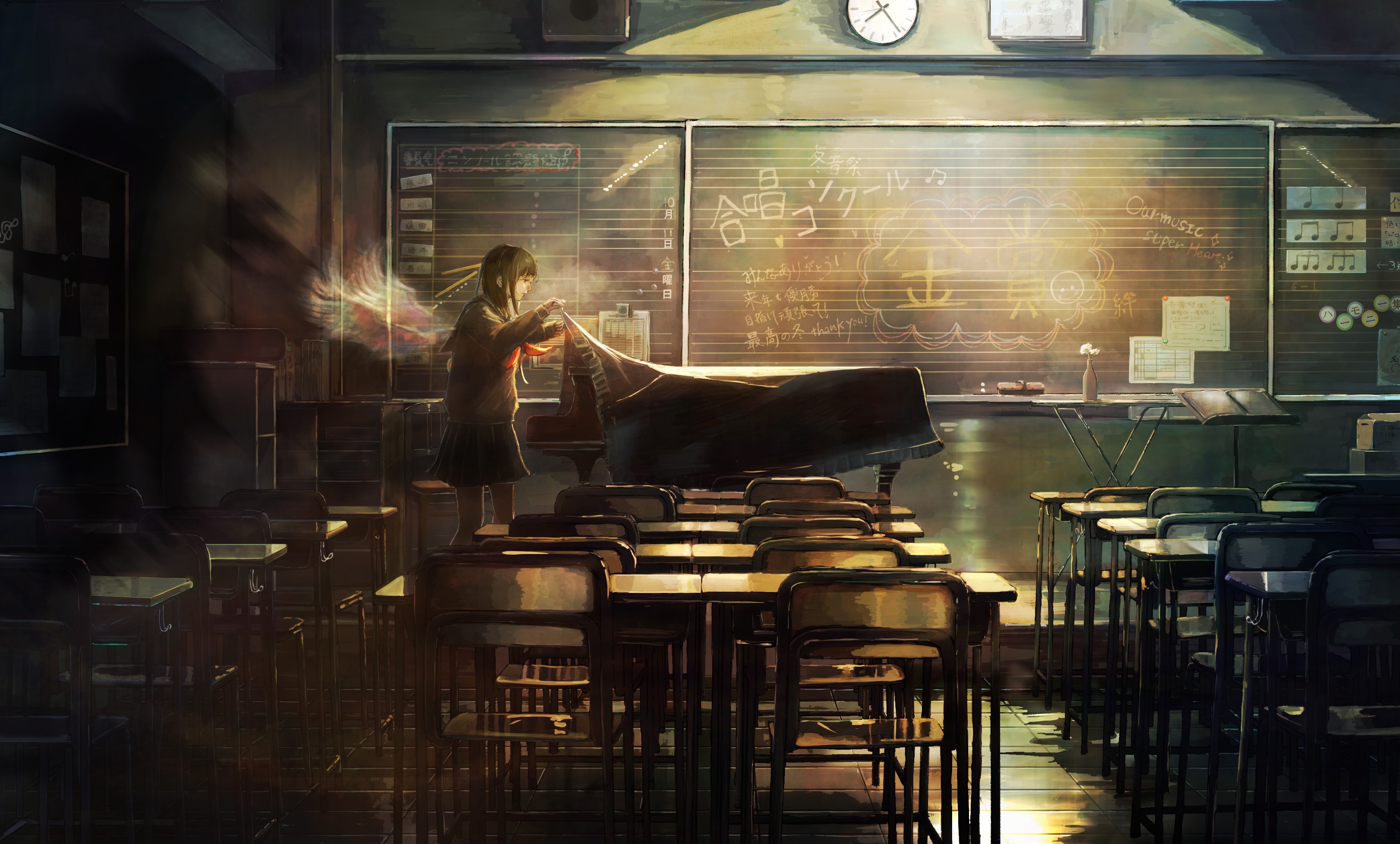 Girl covering a piano in a classroom HD Wallpaper