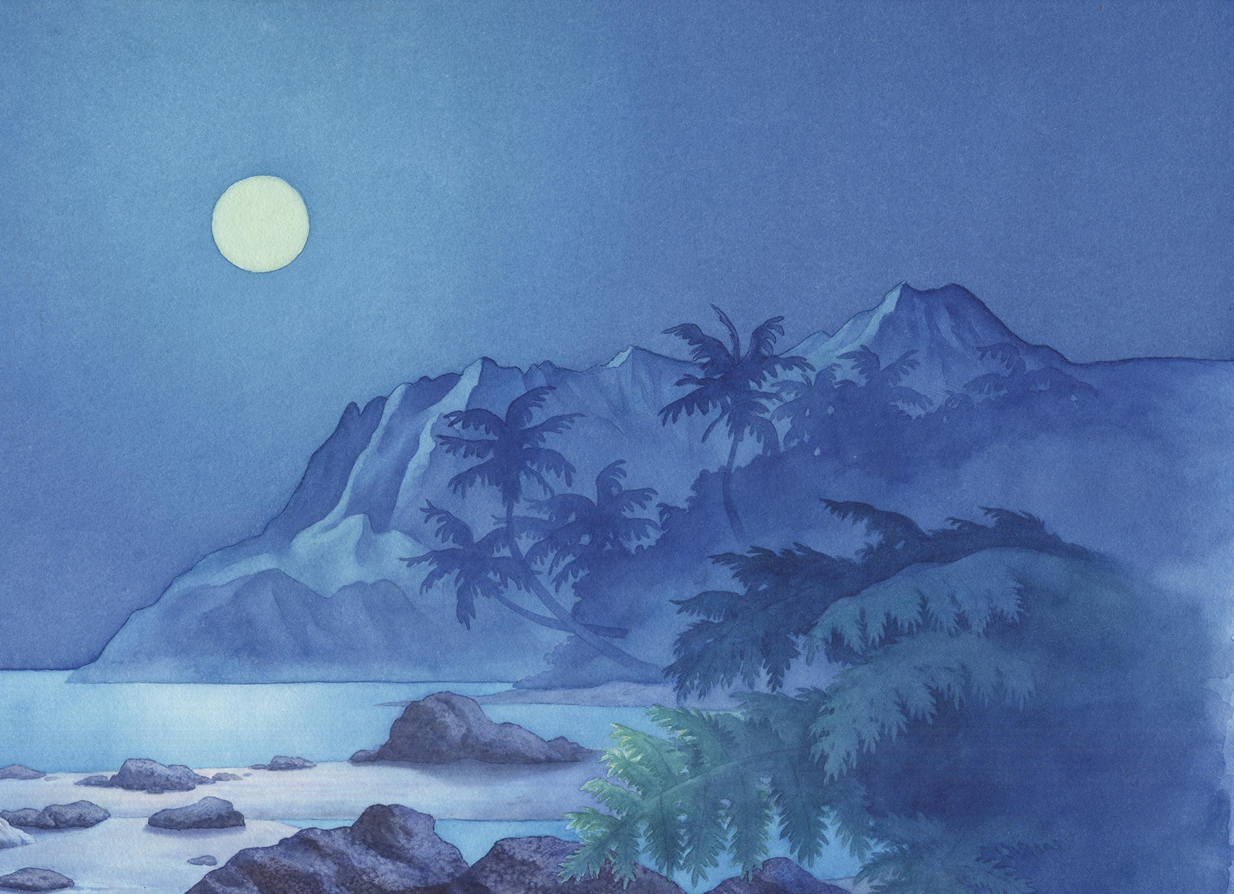 Tropical island at night with moon and mountains HD Wallpaper