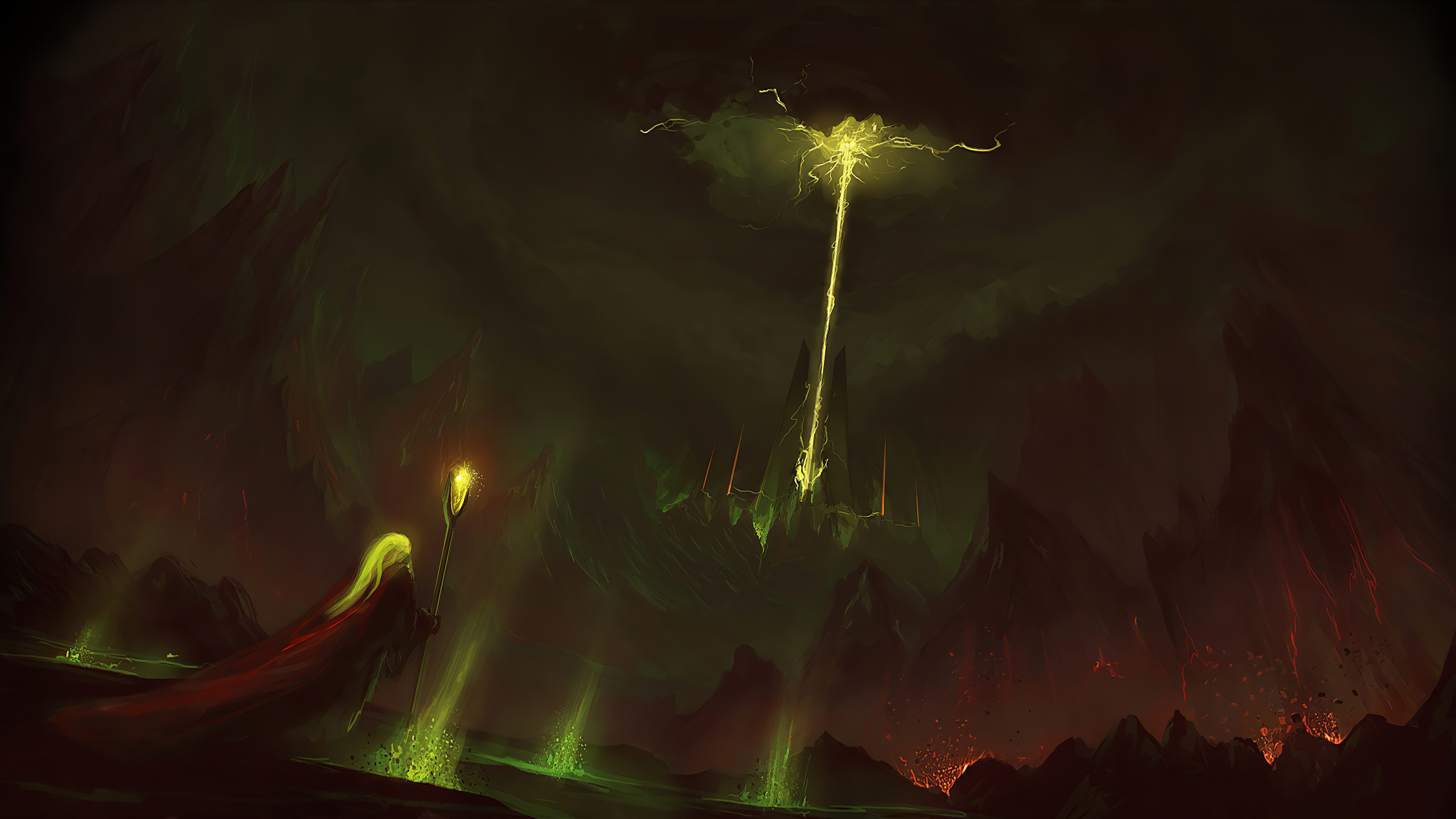 Artwork of a wizard in a volcanic landscape HD Wallpaper