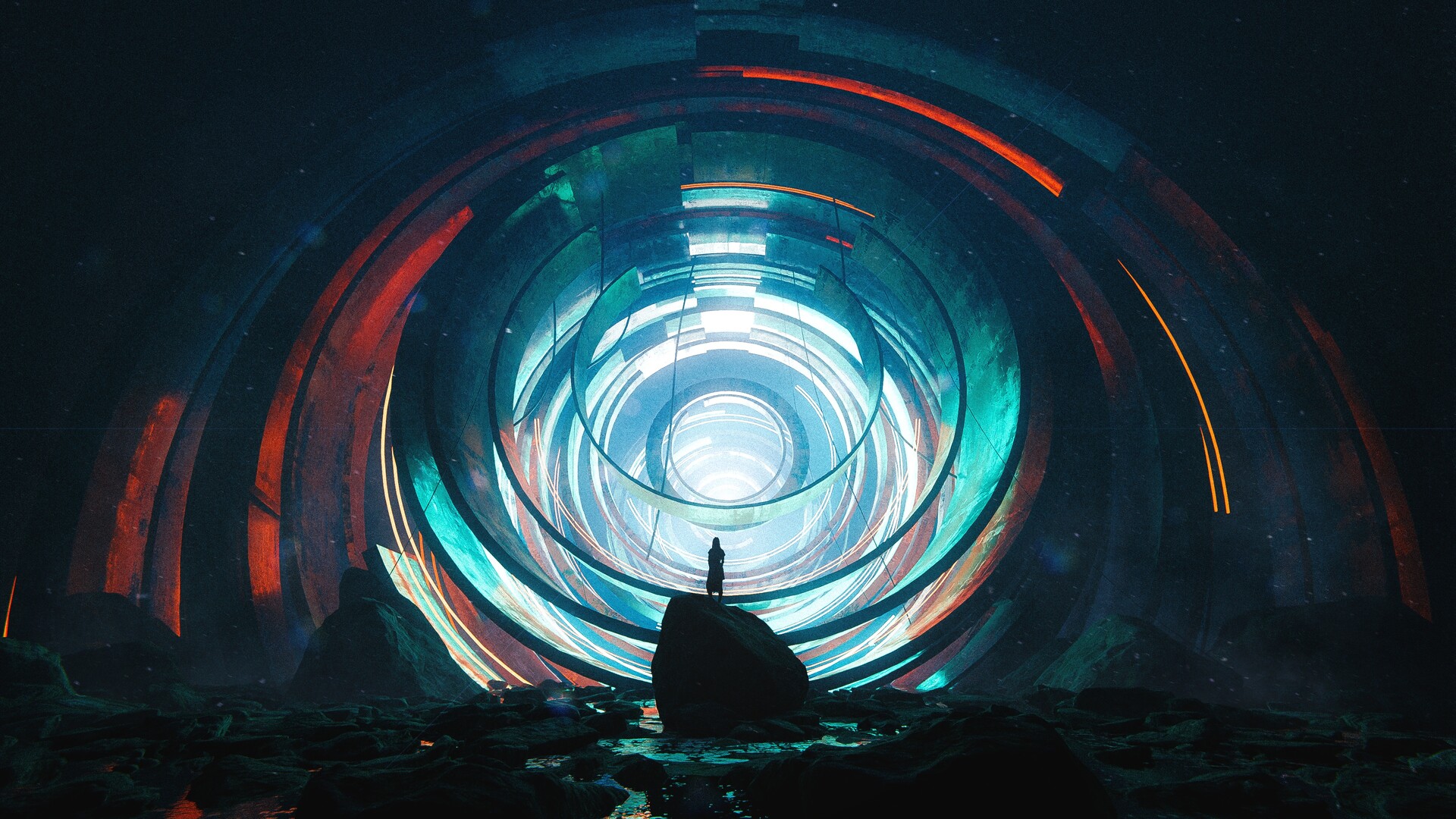 Sci-fi futuristic tunnel with a lone figure HD Wallpaper