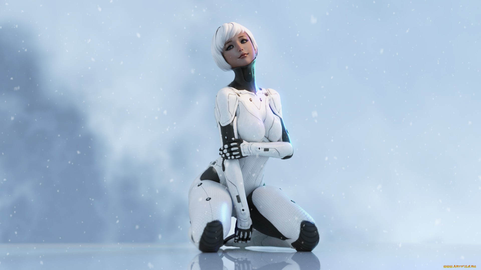 AriaRedux cyborg kneeling in snow HD Wallpaper