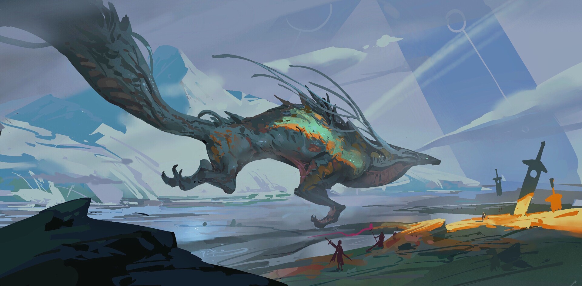 Fantasy creature with swords and mountains HD Wallpaper