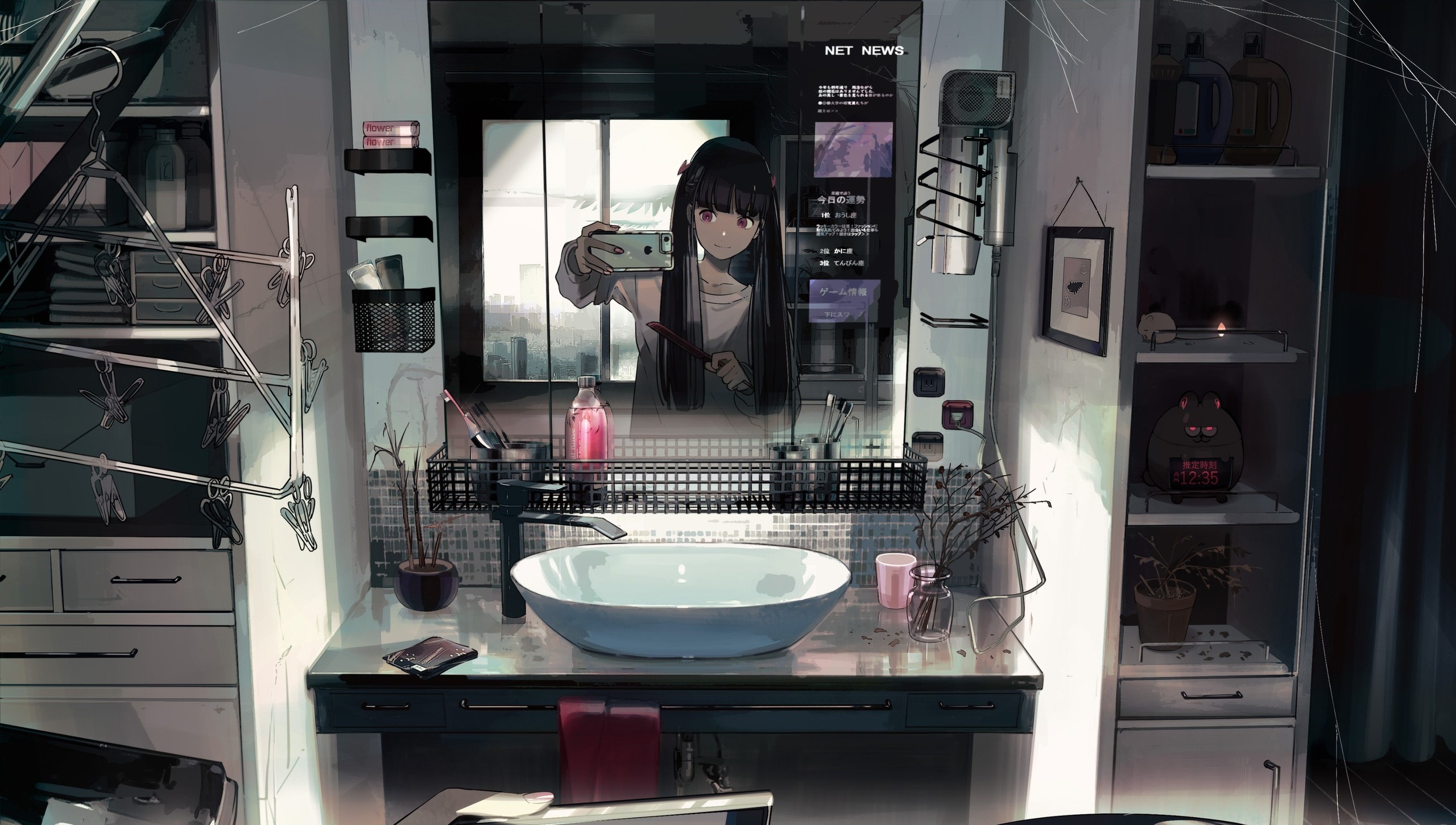 Anime girl taking a selfie in a bathroom HD Wallpaper