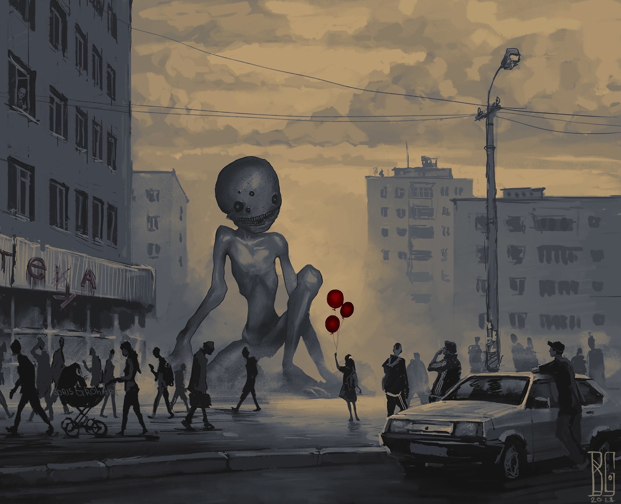 Giant creature with balloons in a city by Boris Groh HD Wallpaper
