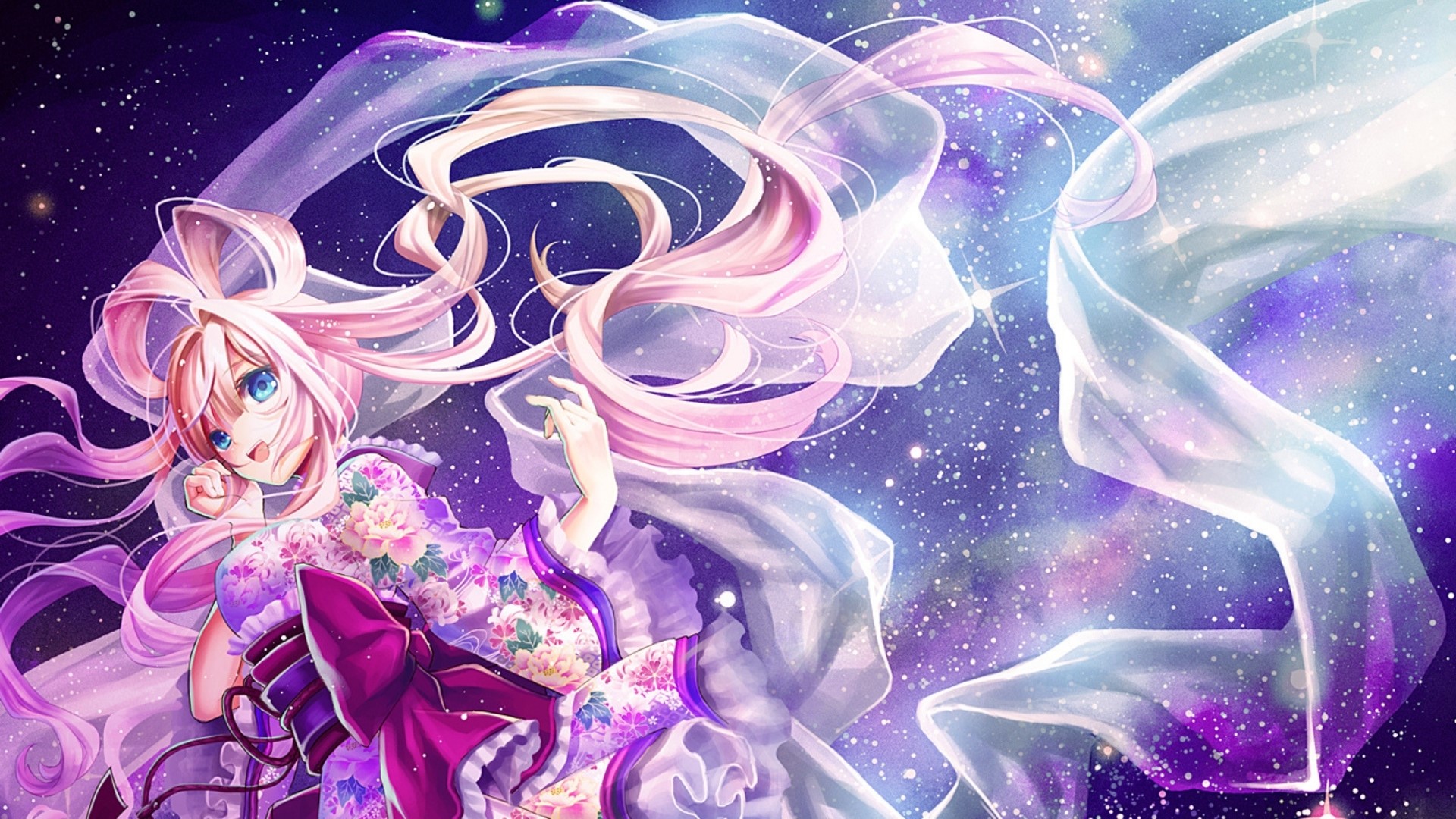 Anime girl in kimono with flowing hair in starry sky HD Wallpaper