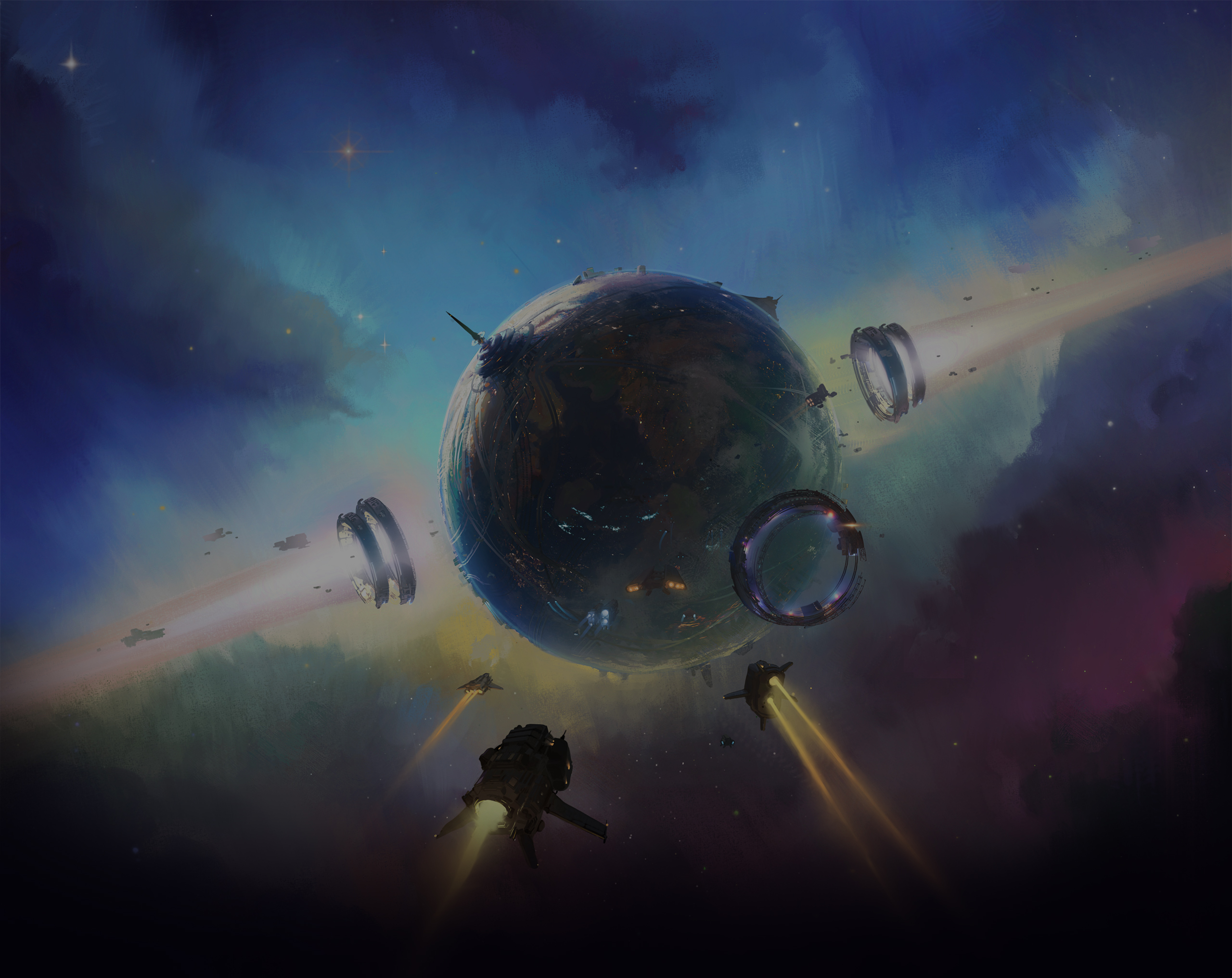 Space scene with a large planet and ships HD Wallpaper