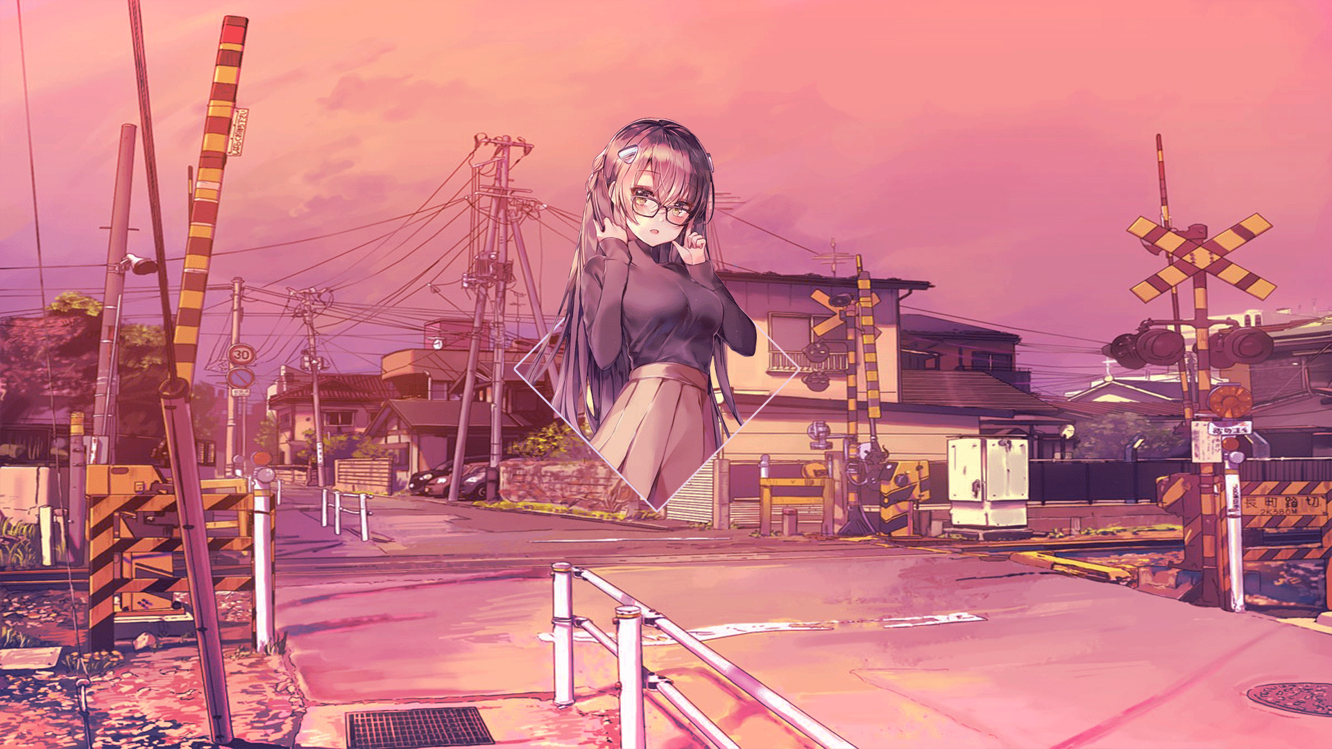Anime girl with glasses at a railroad crossing HD Wallpaper