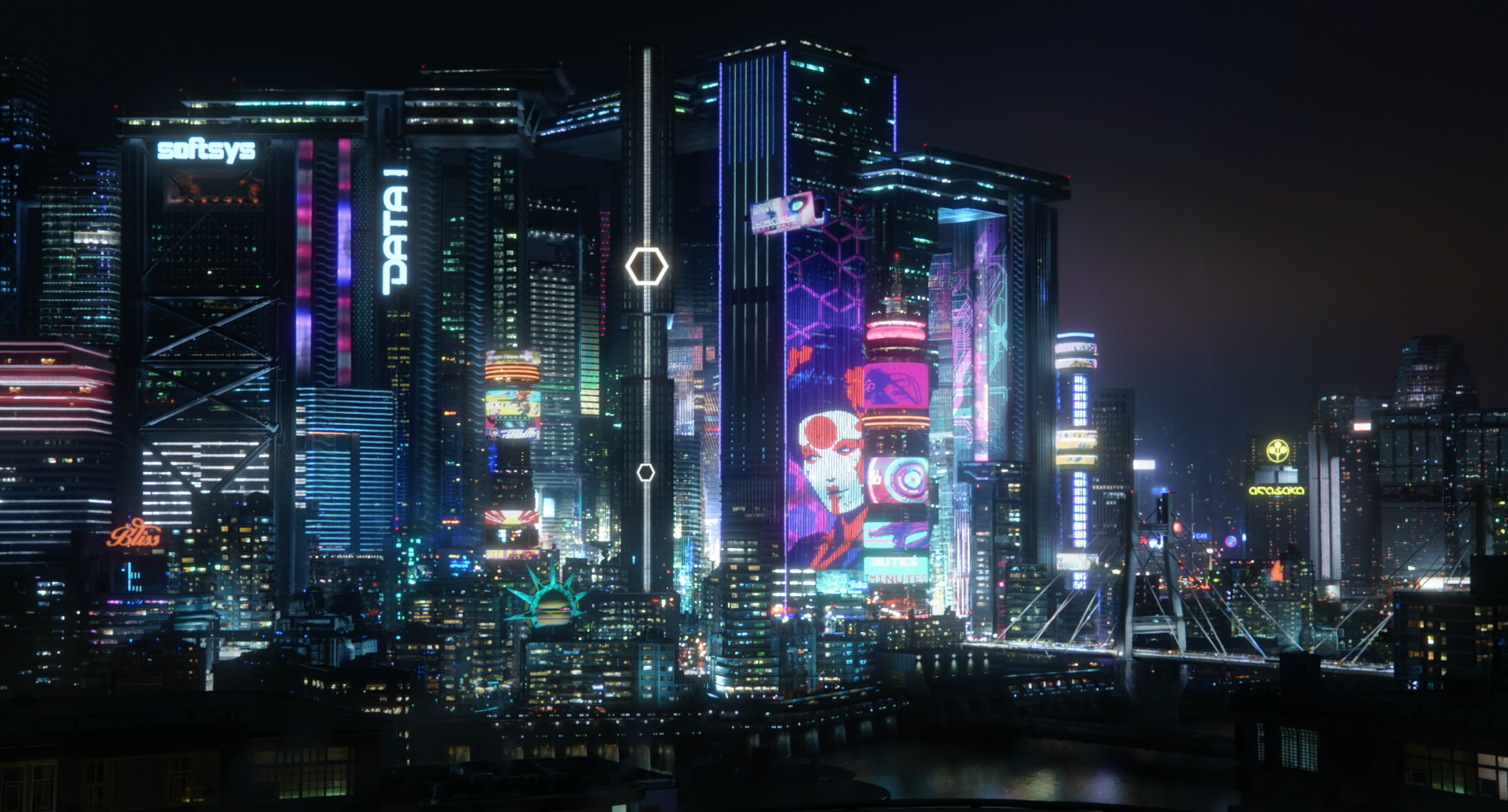 Cyberpunk cityscape at night with neon lights HD Wallpaper