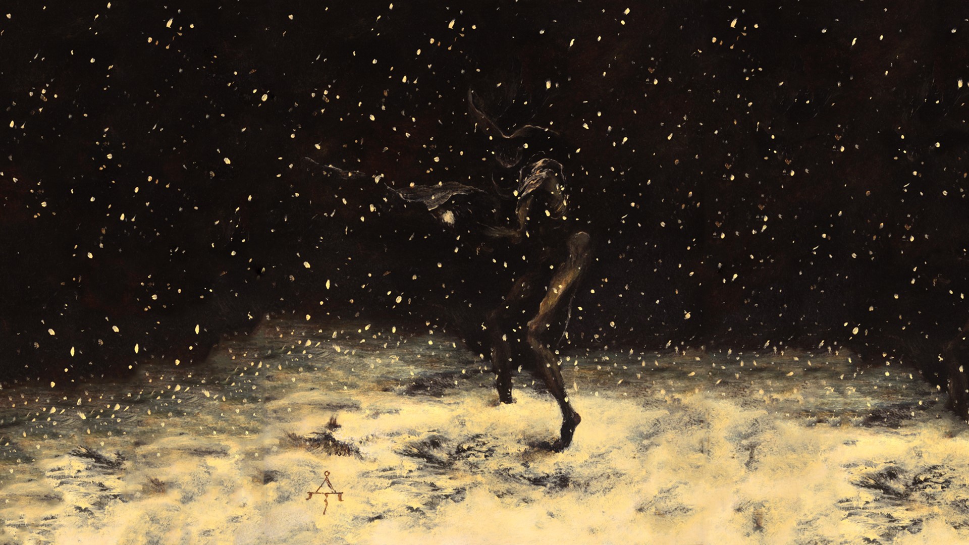 Dark fantasy painting of a figure in snow HD Wallpaper