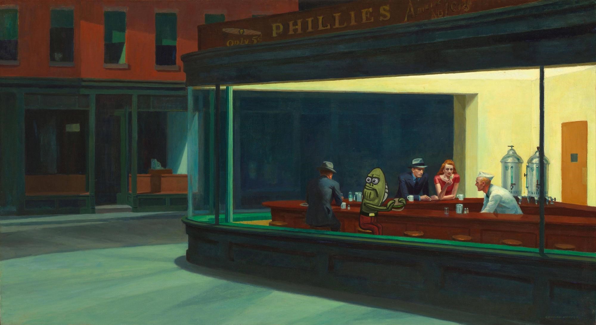 SpongeBob Characters in Edward Hopper's Nighthawks HD Wallpaper
