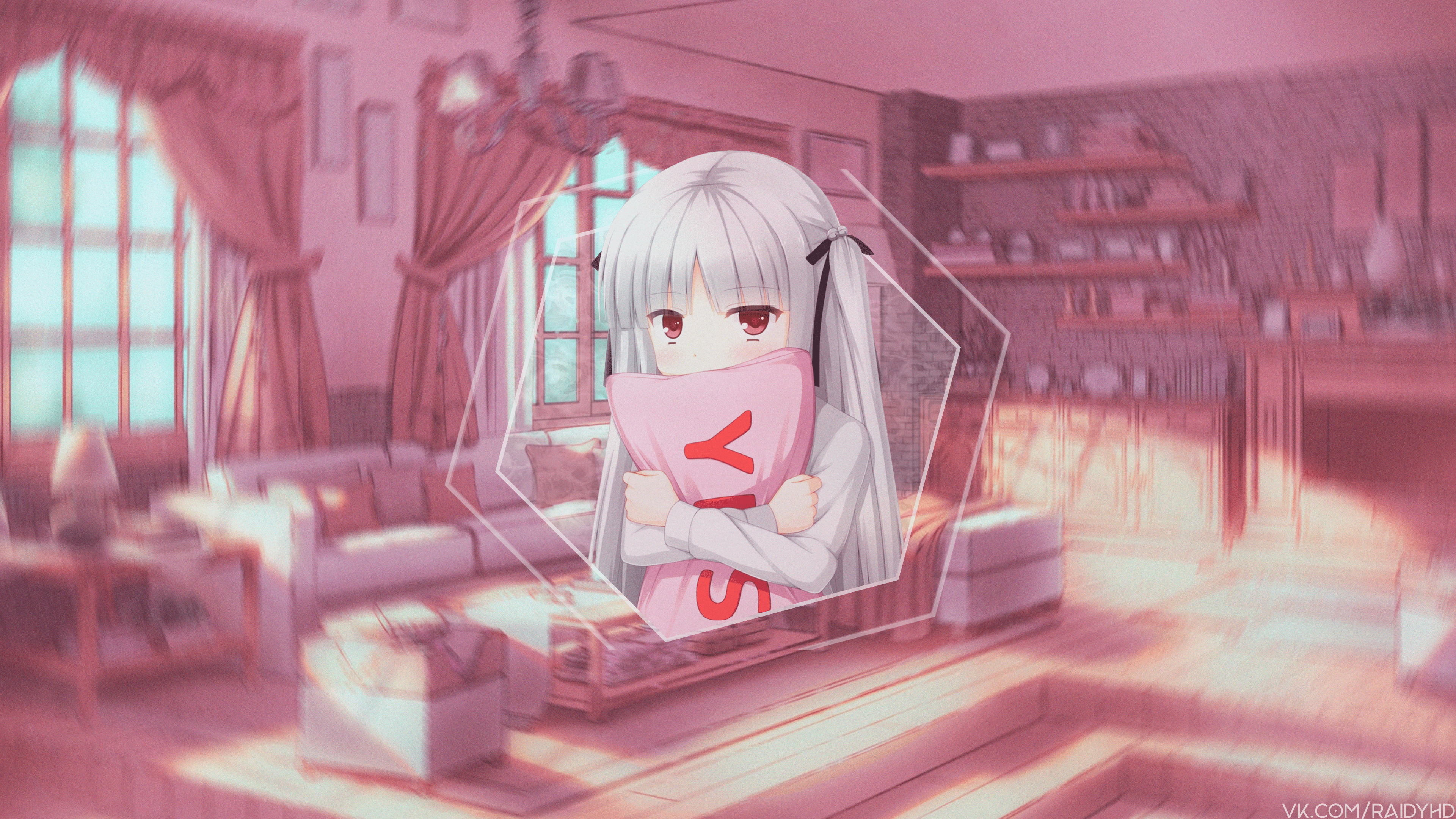 Anime girl holding a pink pillow with 'YIS' on it HD Wallpaper
