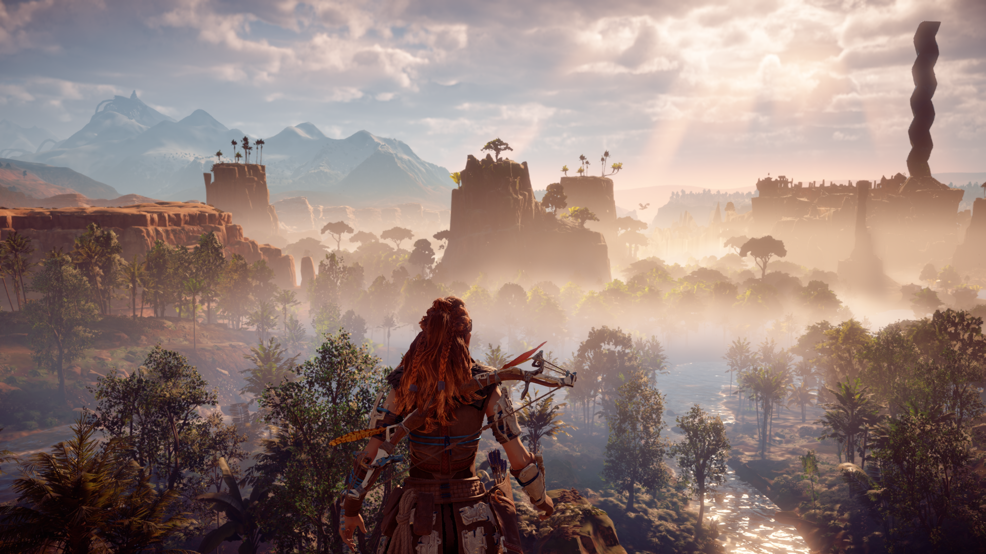 Aloy from Horizon: Zero Dawn overlooking a misty landscape HD Wallpaper
