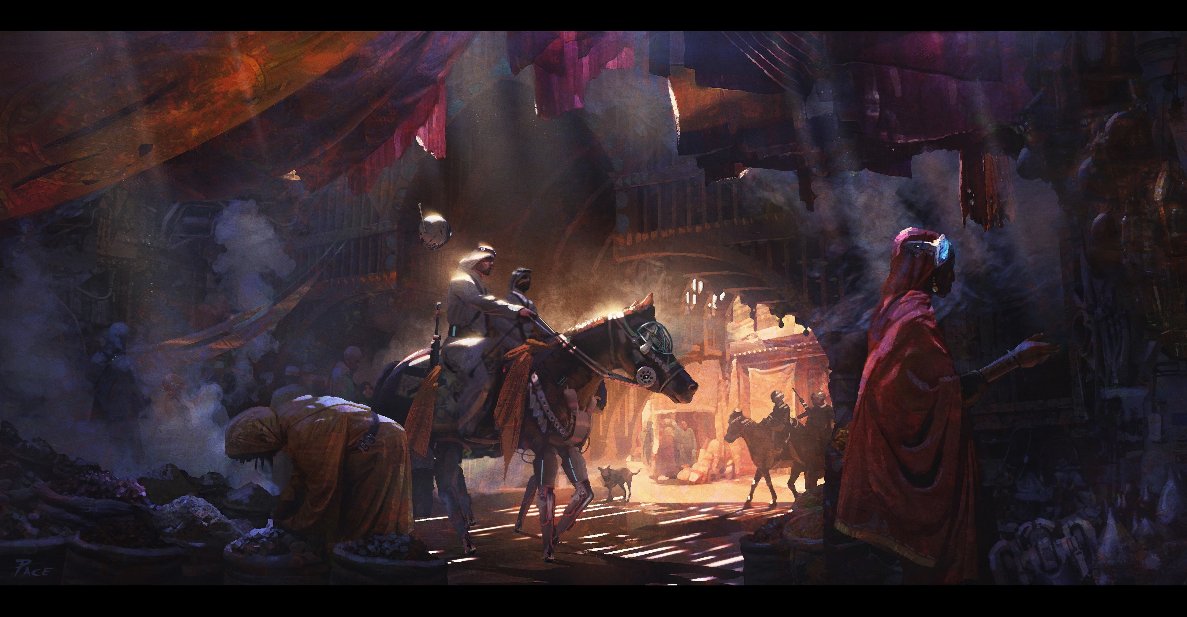 Fantasy market scene with robots and horses HD Wallpaper