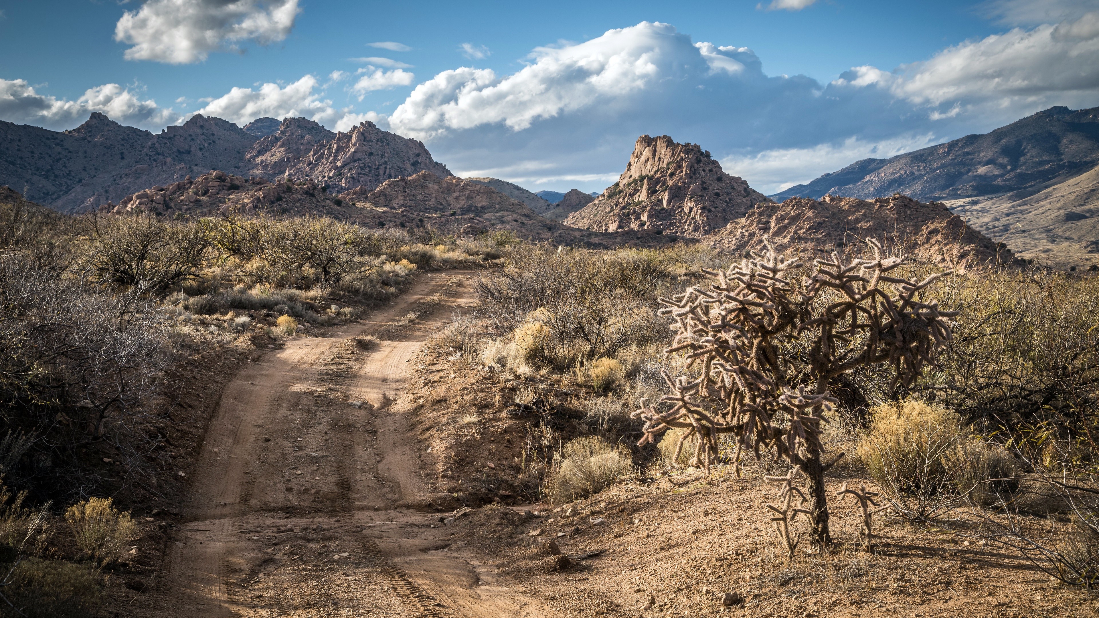 Desert landscape with mountains and dirt road HD Wallpaper