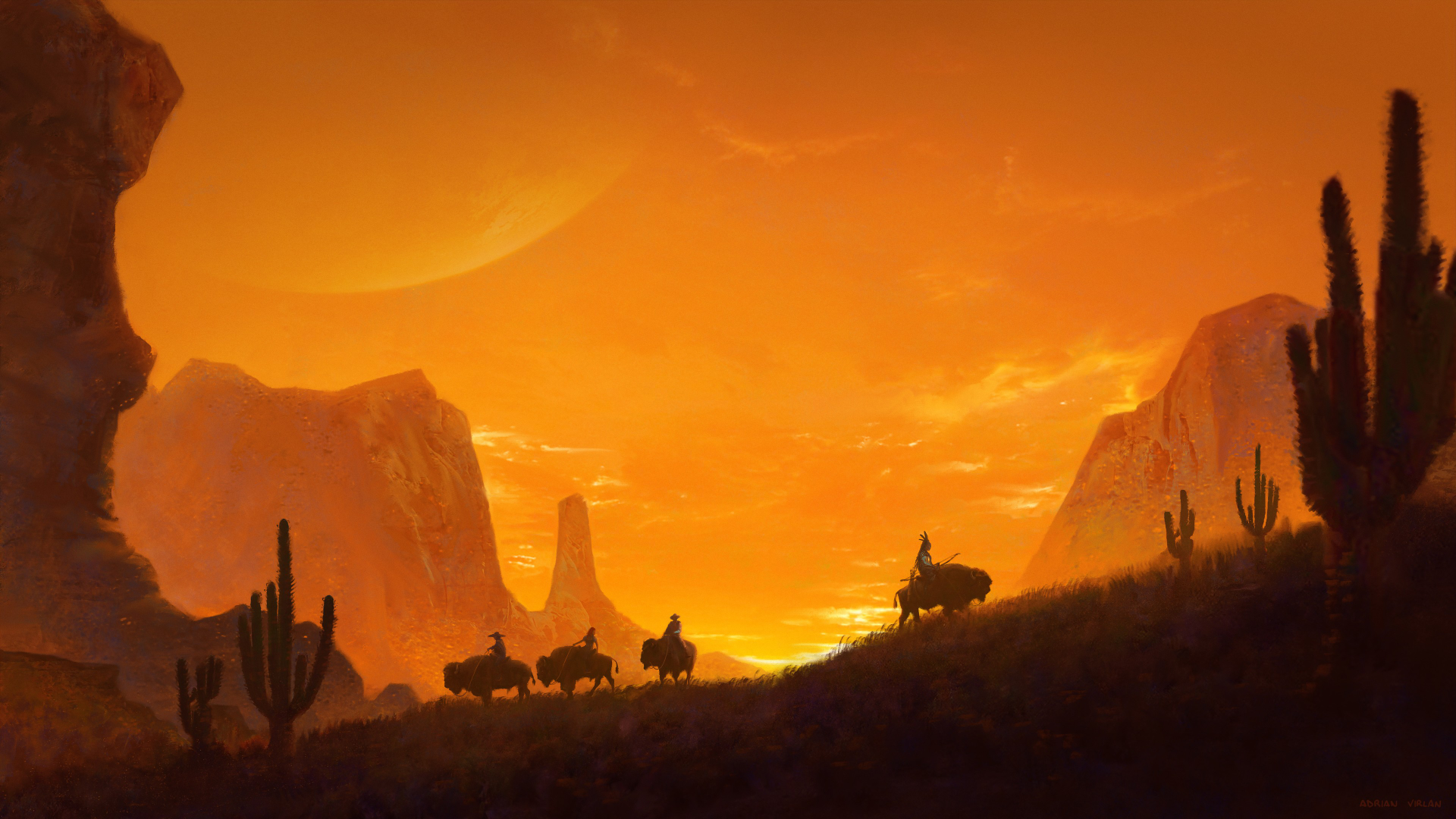 Cowboys riding bison through a desert landscape at sunset HD Wallpaper