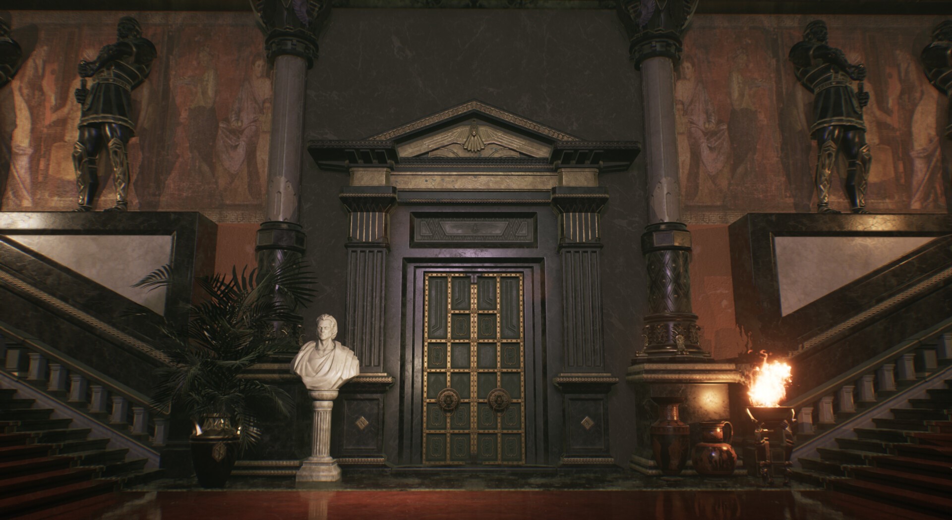 Grand Hall with Double Doors and Statues HD Wallpaper
