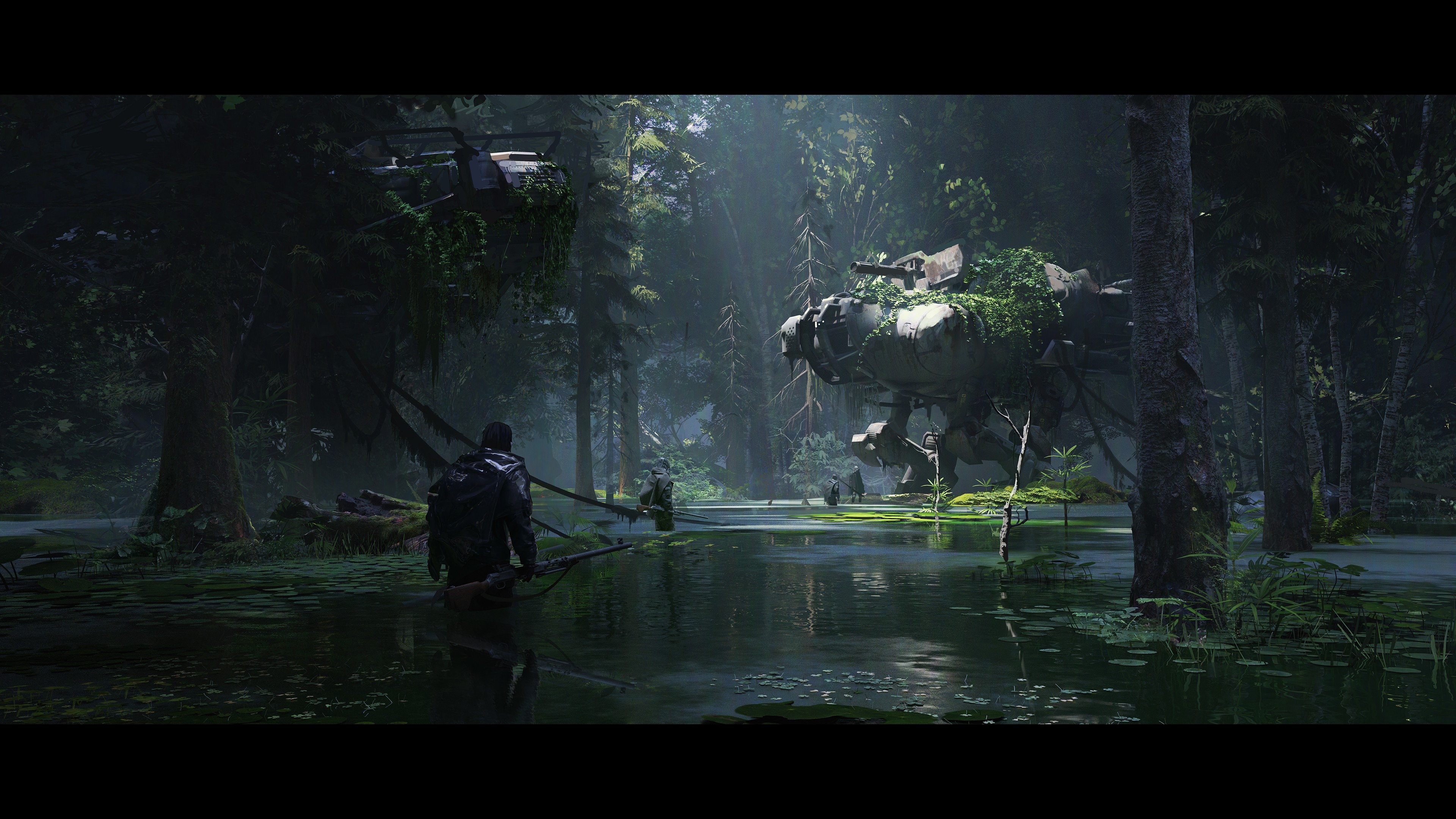 Man in swamp with abandoned carrier and trees HD Wallpaper