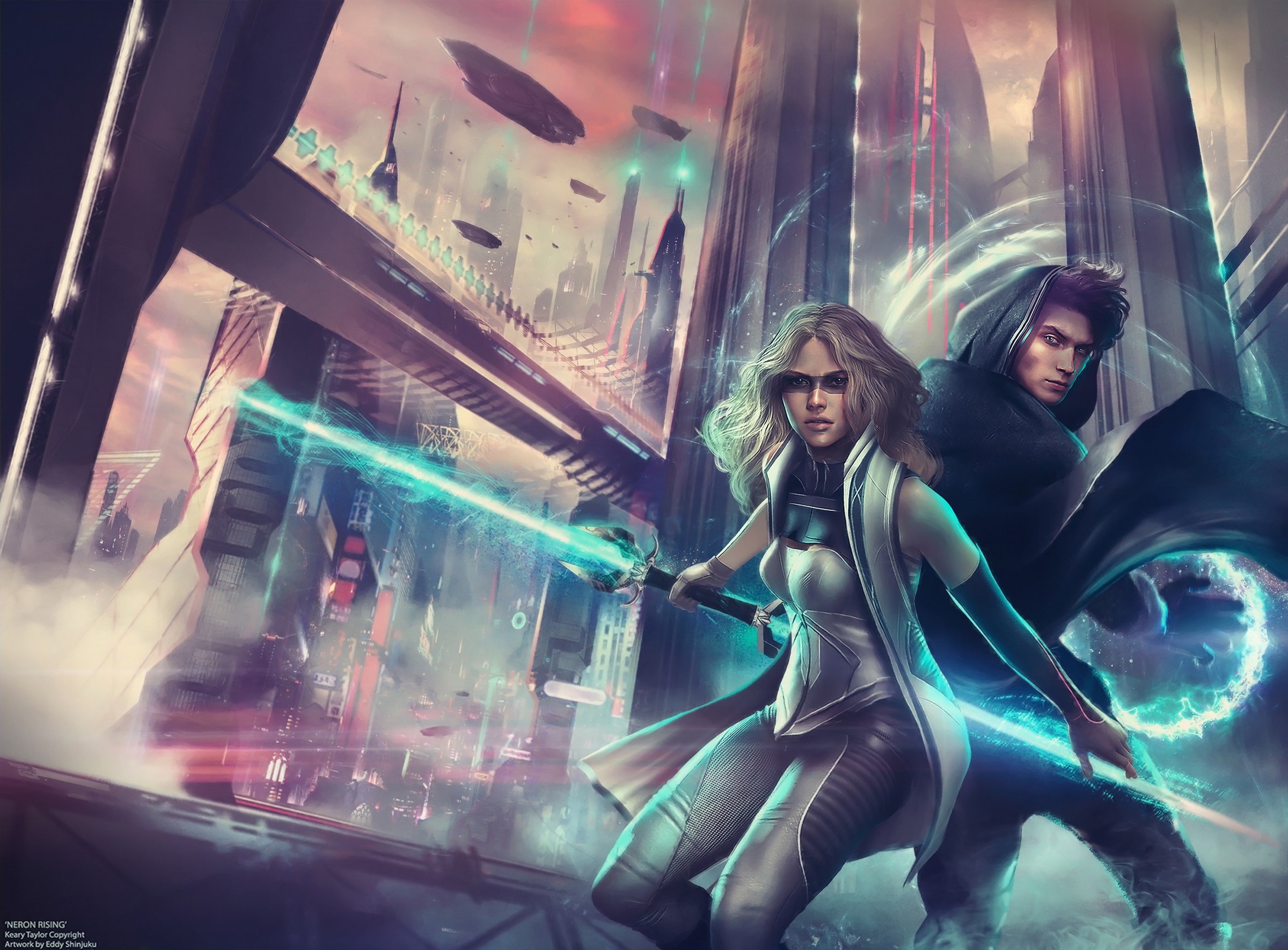 Neron Rising: Woman with lightsaber and man in hood HD Wallpaper