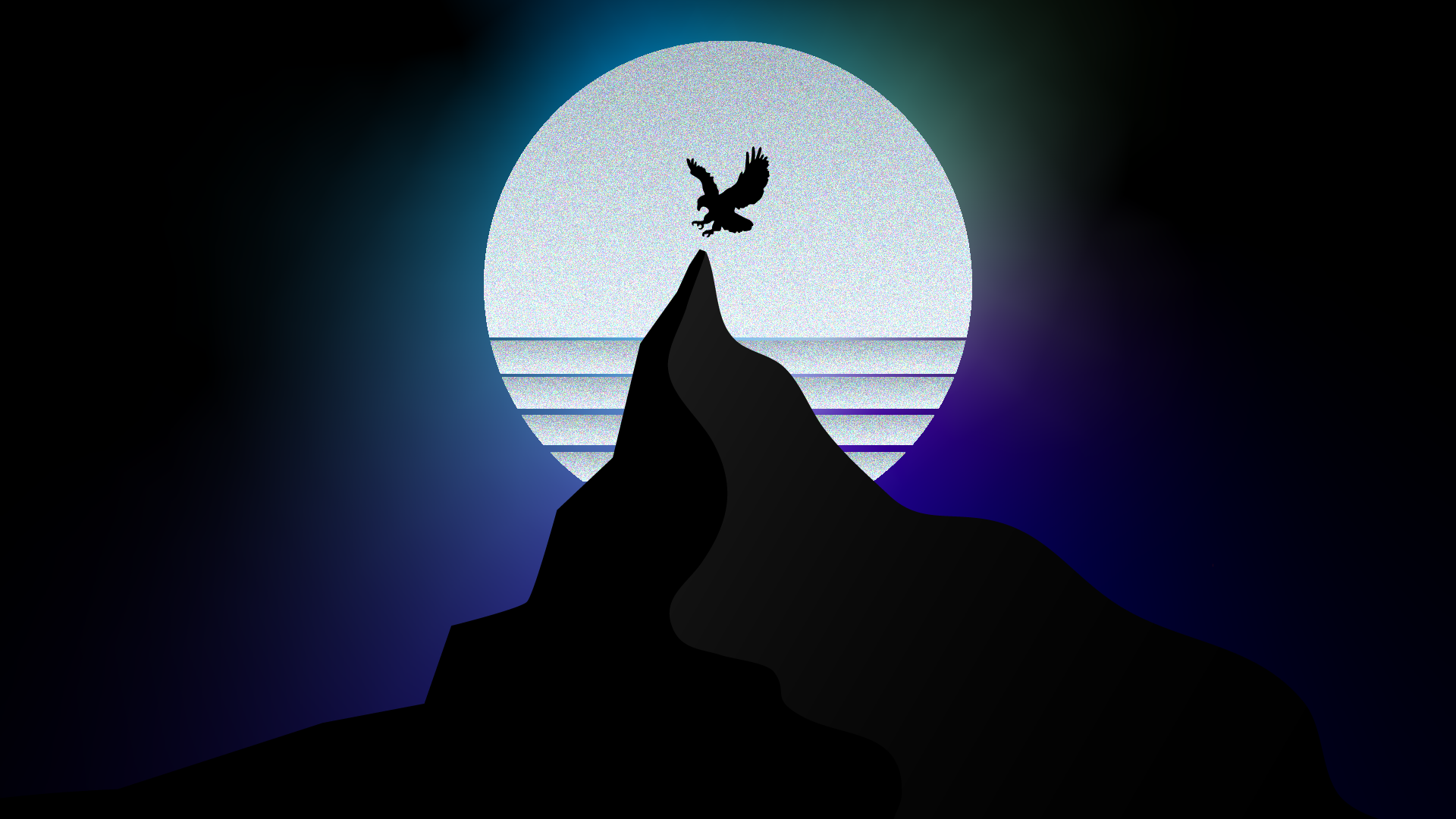 Silhouette of an eagle taking flight from a mountain peak against a large moon HD Wallpaper