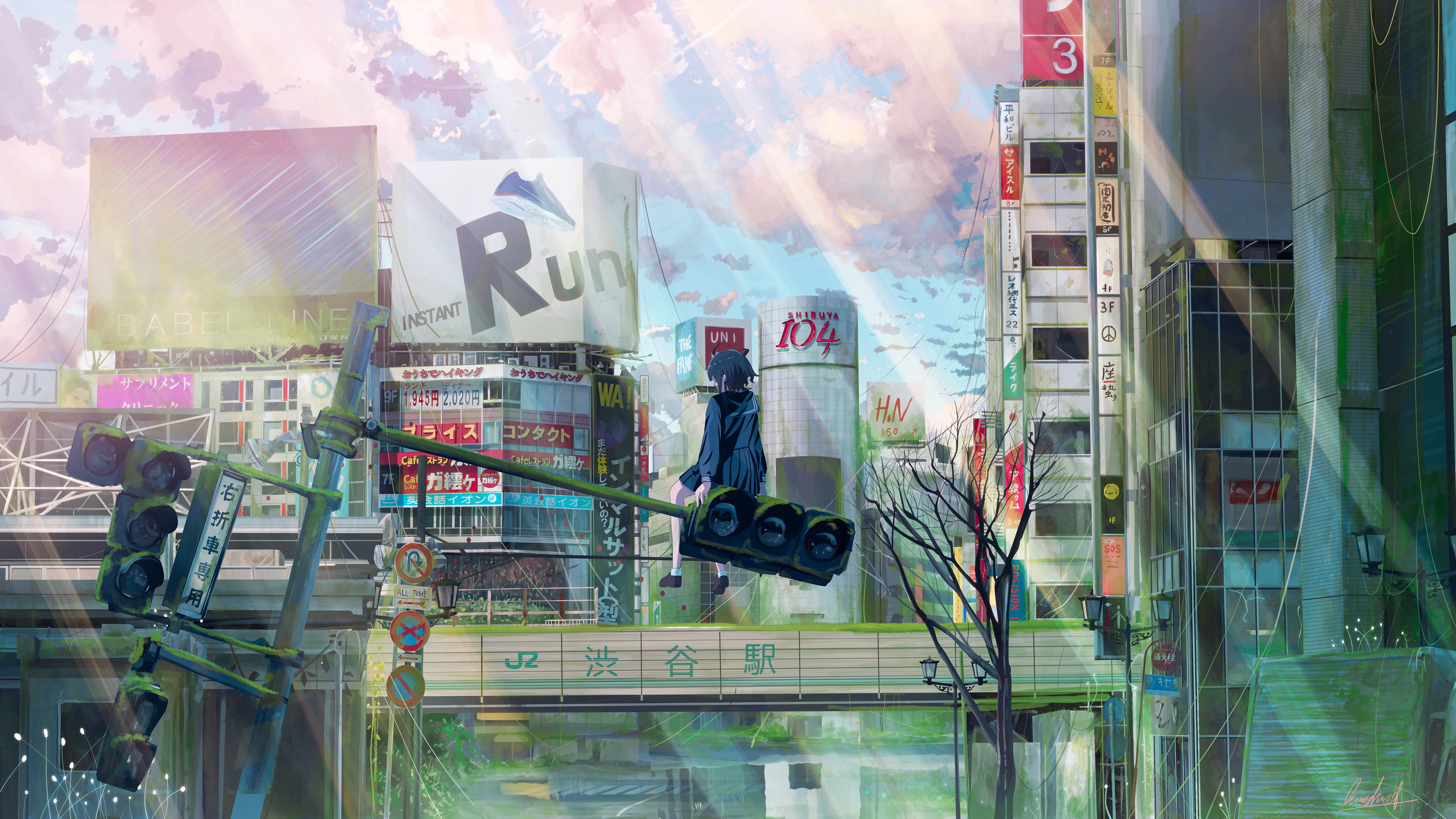 Girl in Shibuya Station Ruins HD Wallpaper