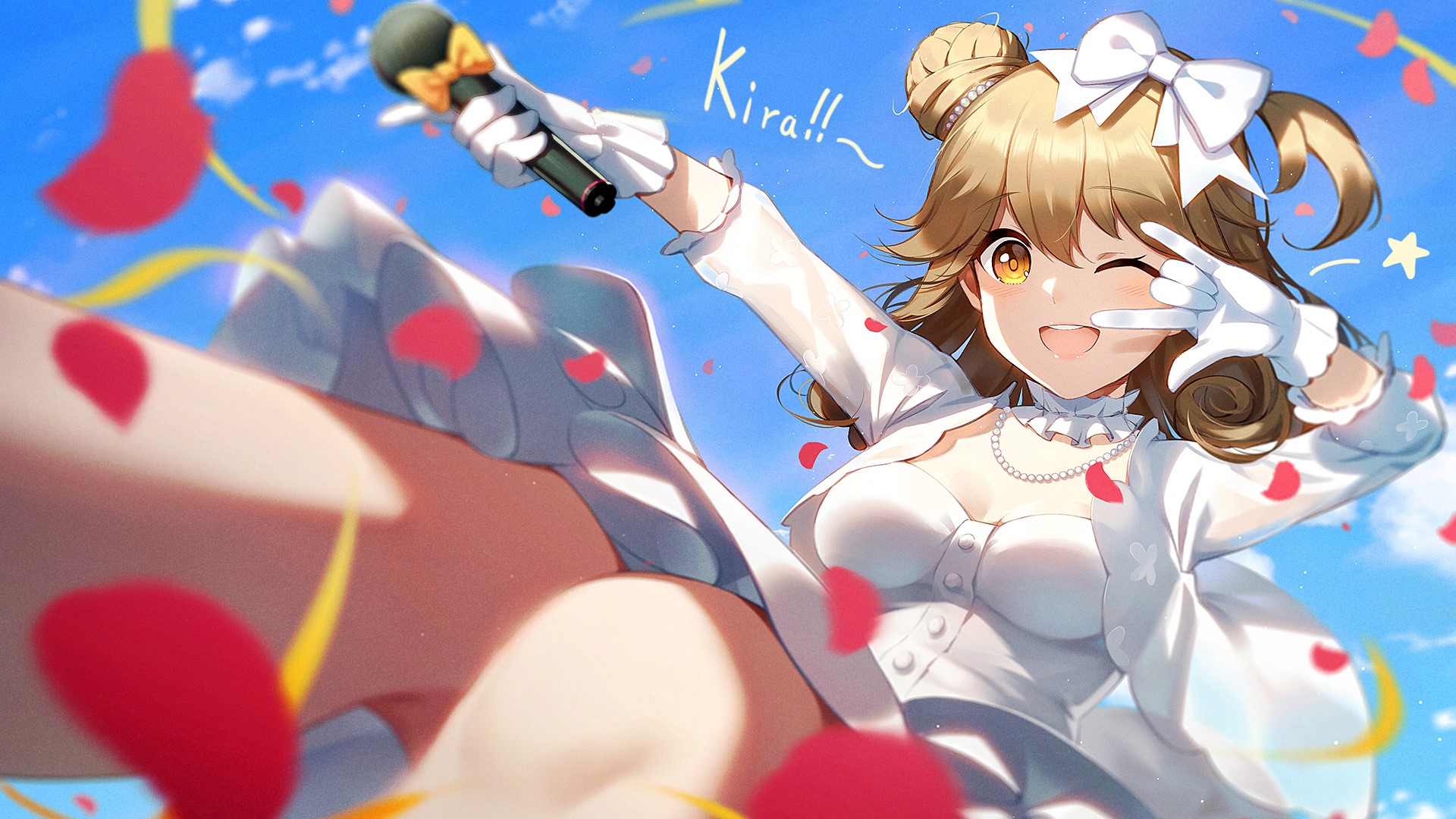 Anime girl in white dress holding microphone HD Wallpaper
