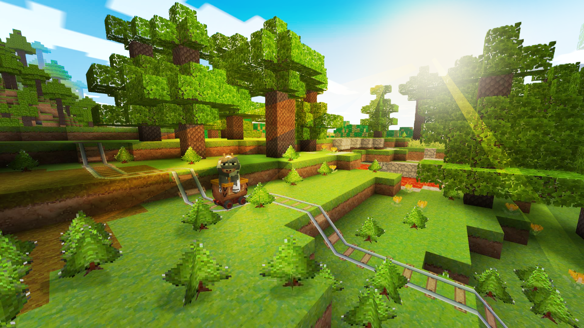 Pixel art minecart ride through a forest HD Wallpaper