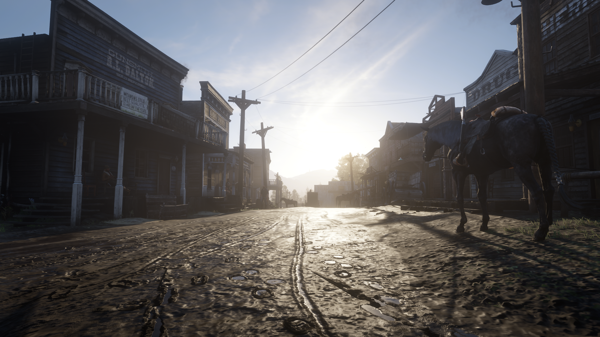 Red Dead Redemption 2 street scene with horse HD Wallpaper