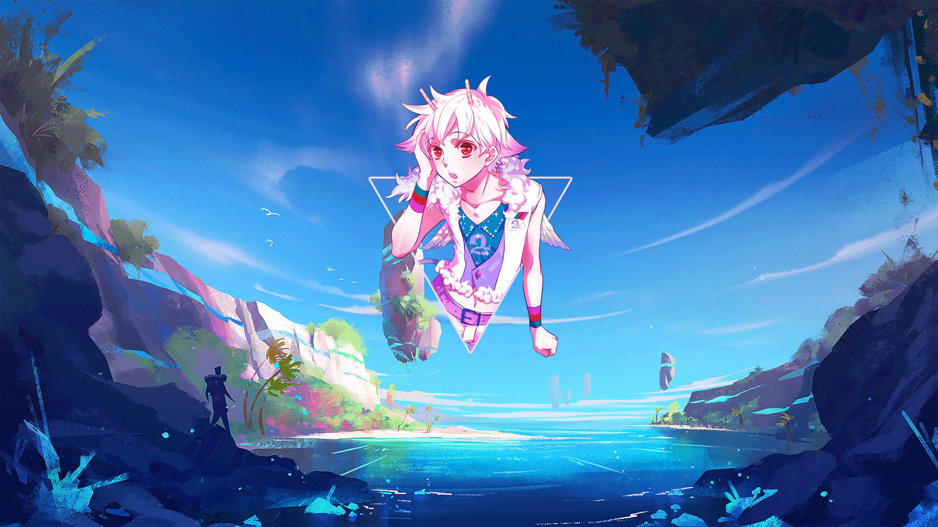 Anime boy with wings floating in a fantasy landscape HD Wallpaper