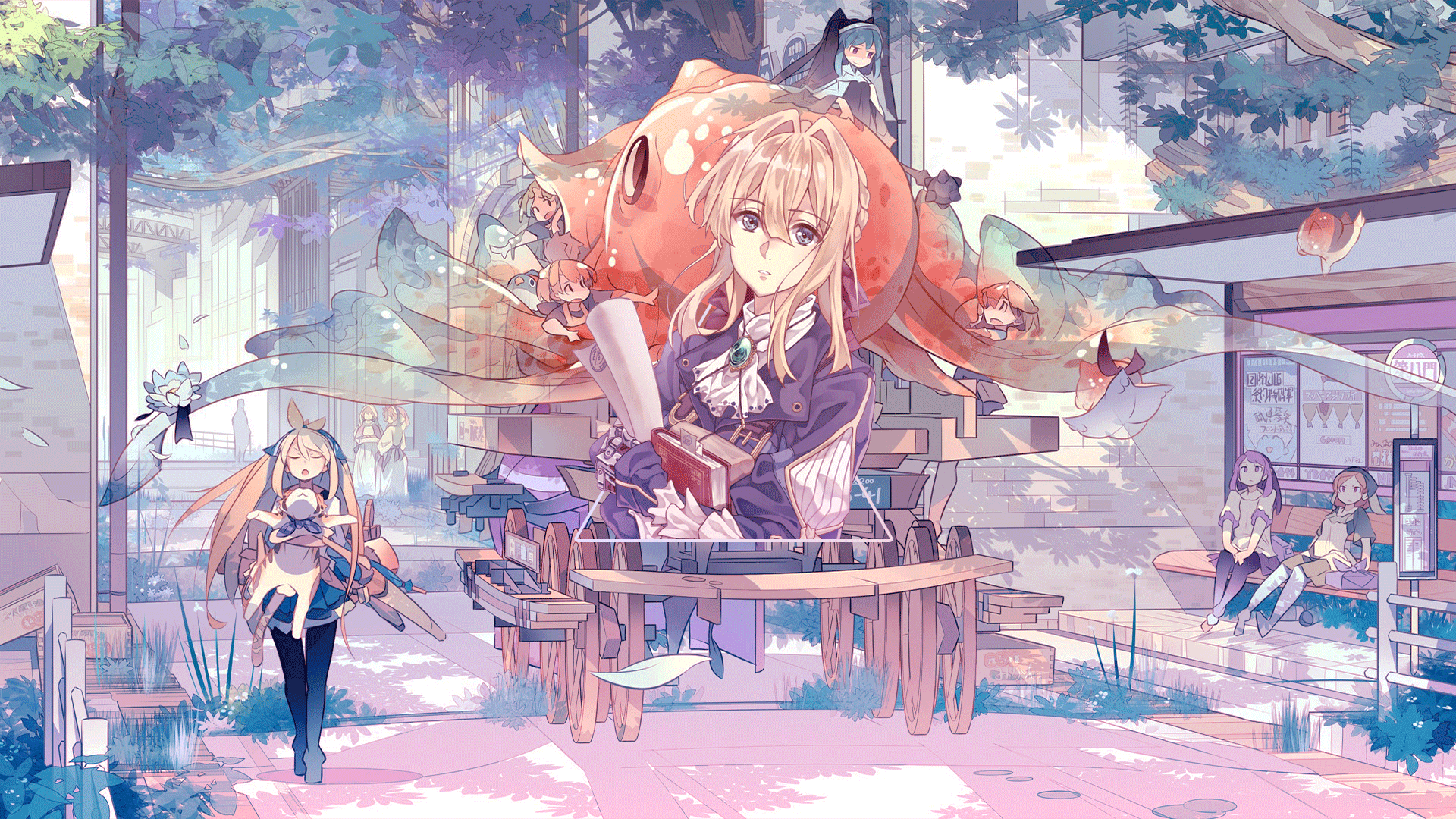 Violet Evergarden and friends with a giant octopus HD Wallpaper