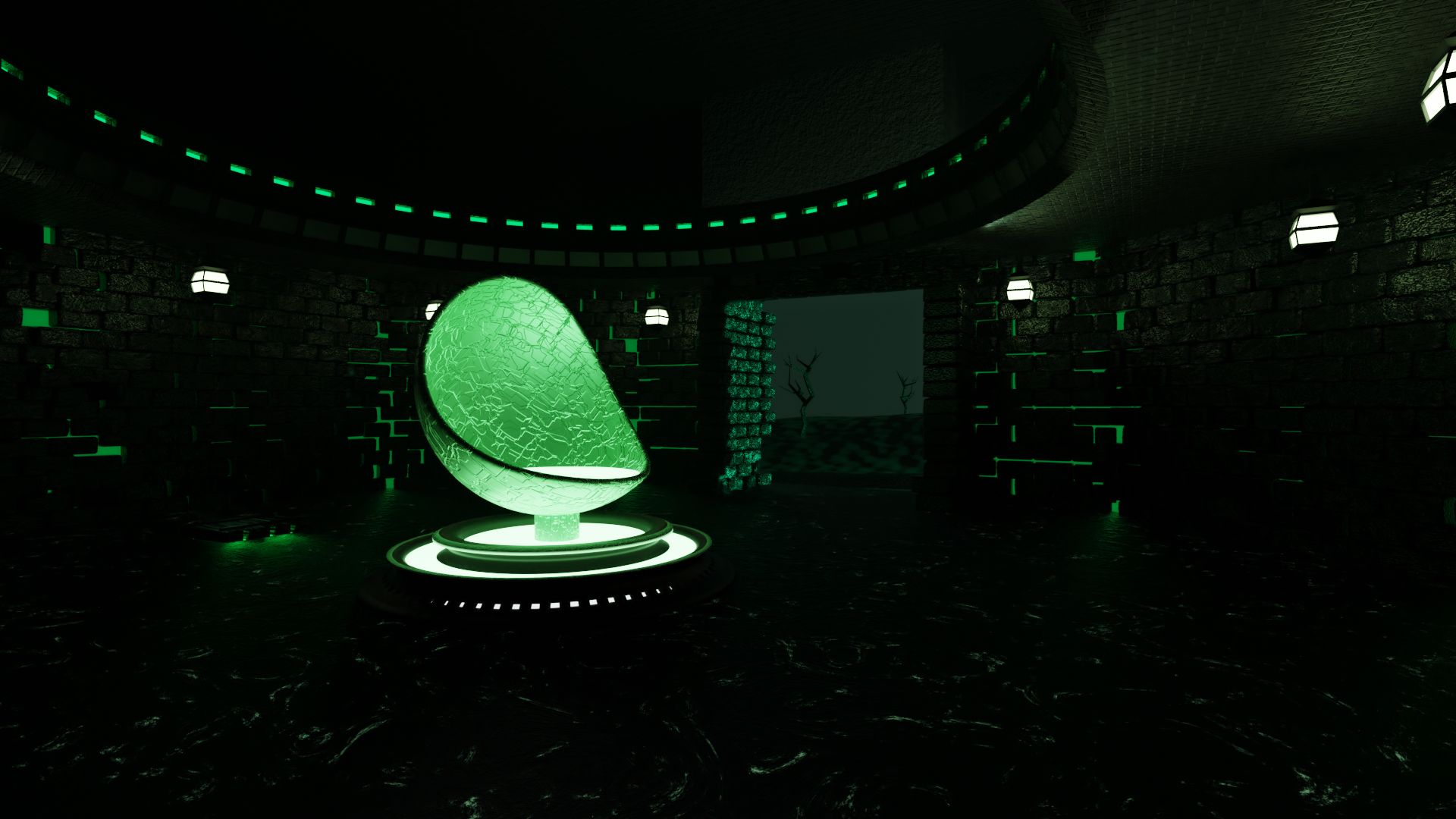 3D render of a futuristic green egg-shaped chair in a dark room HD Wallpaper