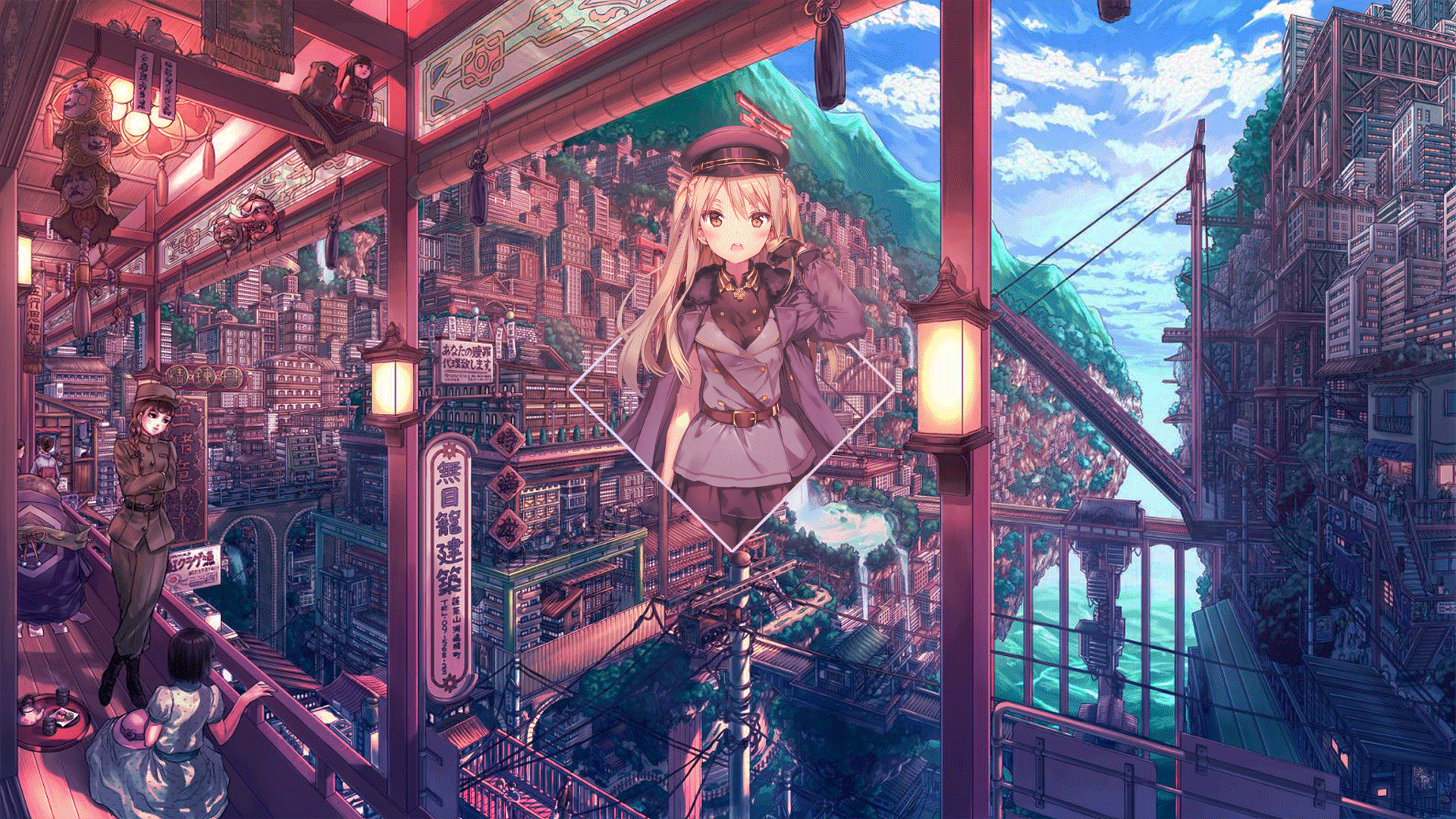 Anime girls in a futuristic city with mountains HD Wallpaper