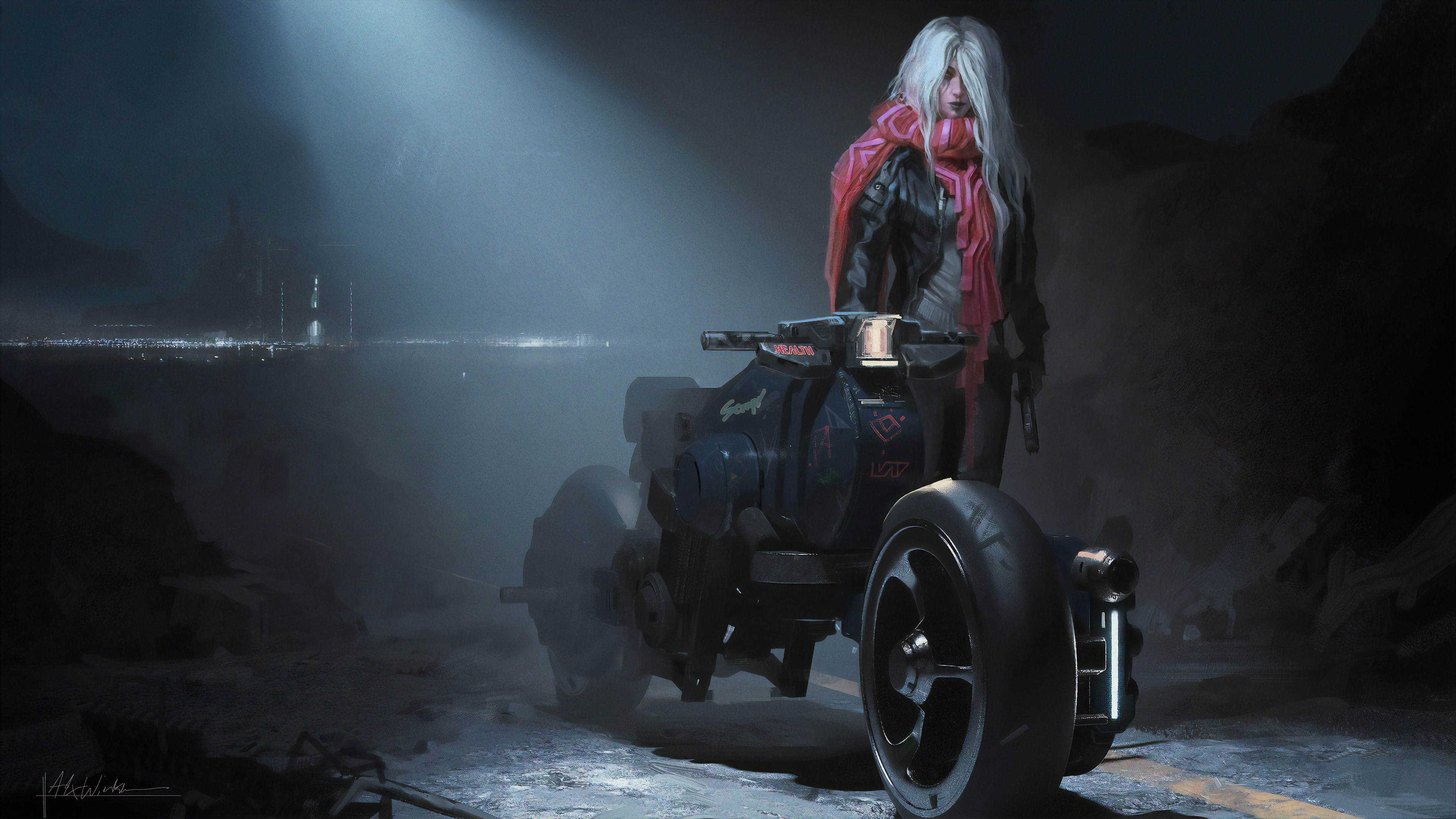 Cyberpunk woman with silver hair and motorcycle HD Wallpaper