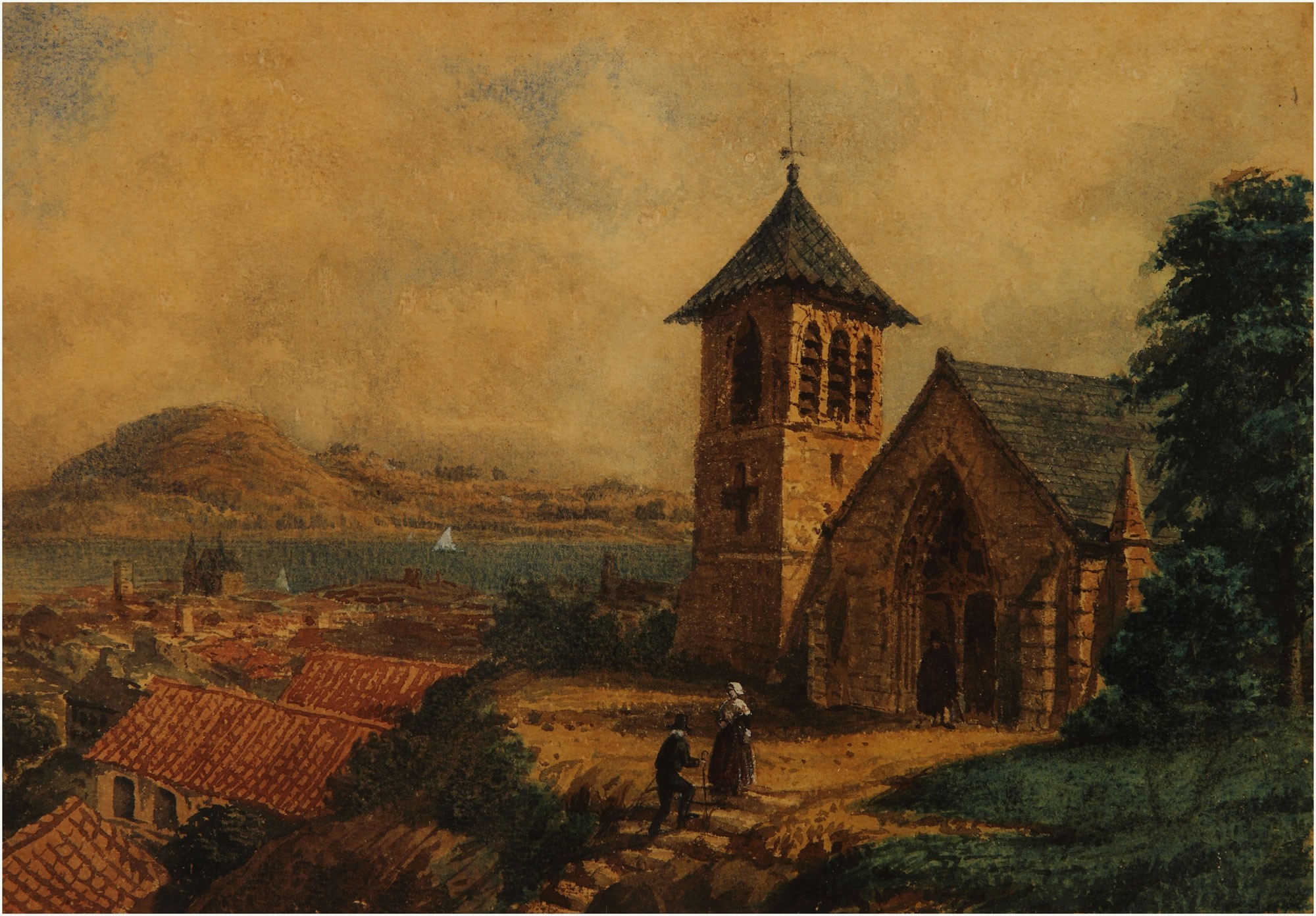 Painting of a church and town by Prilidiano Pueyrredón HD Wallpaper