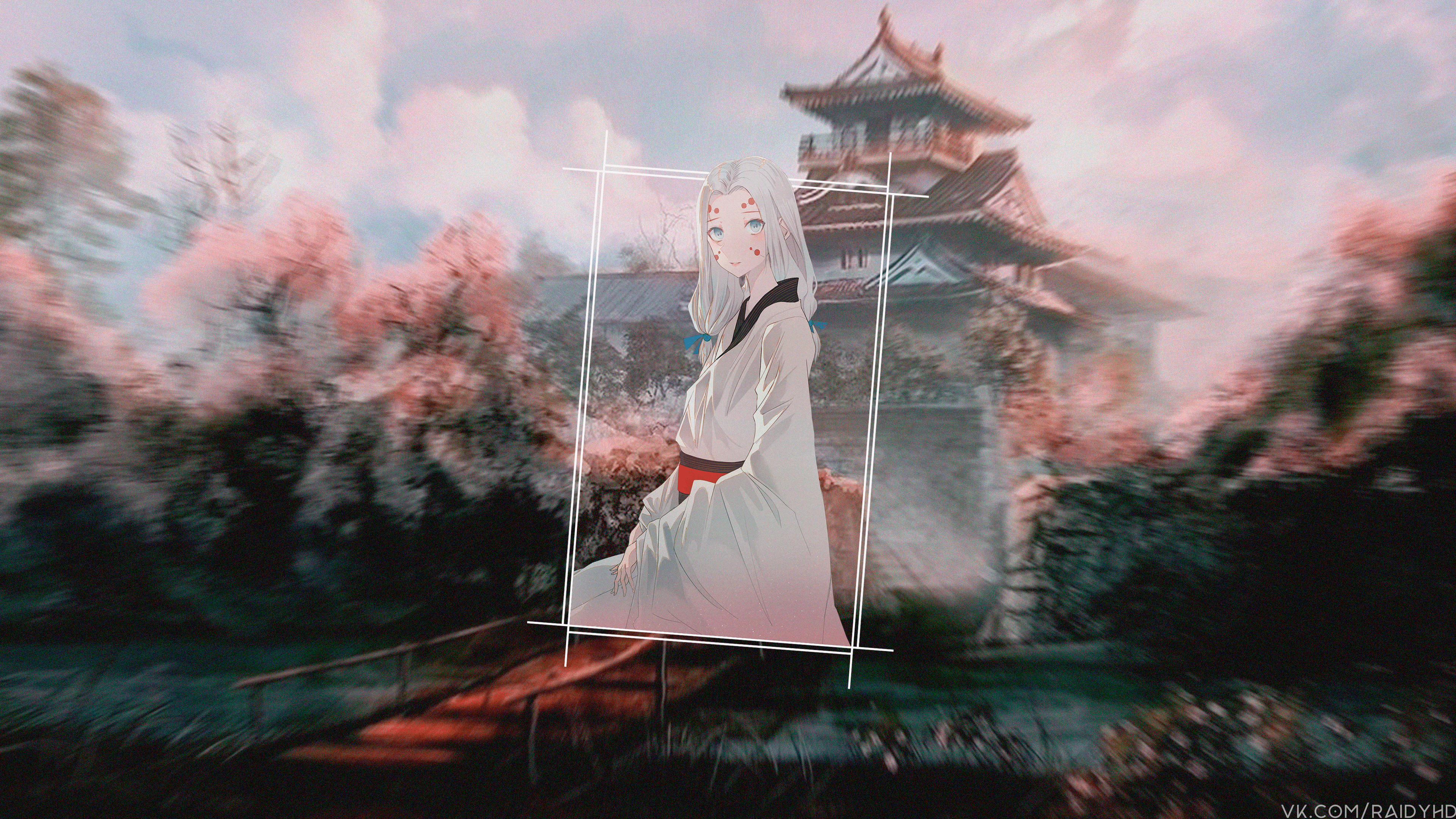 Anime girl in traditional Japanese clothing near a castle HD Wallpaper