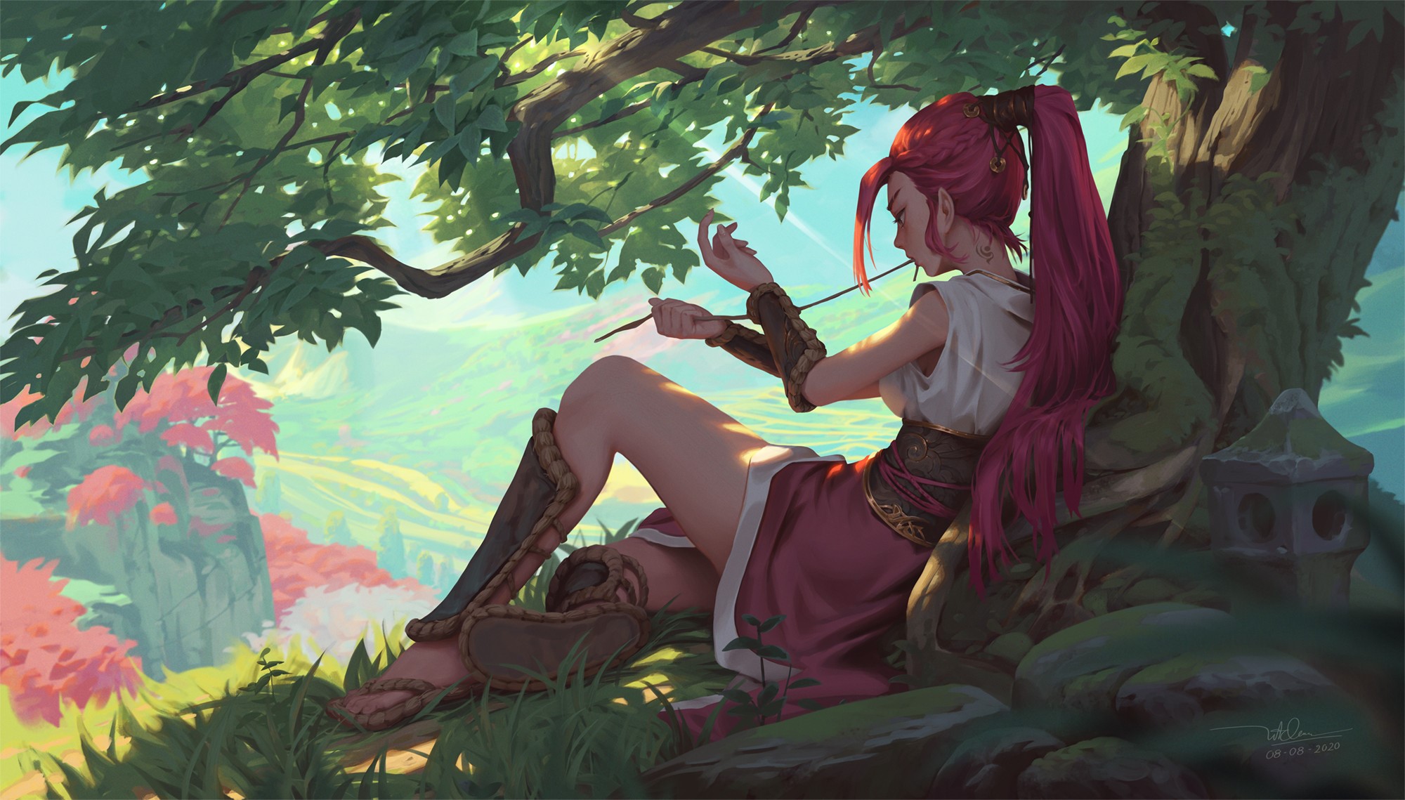 Fantasy girl with red hair painting under a tree HD Wallpaper