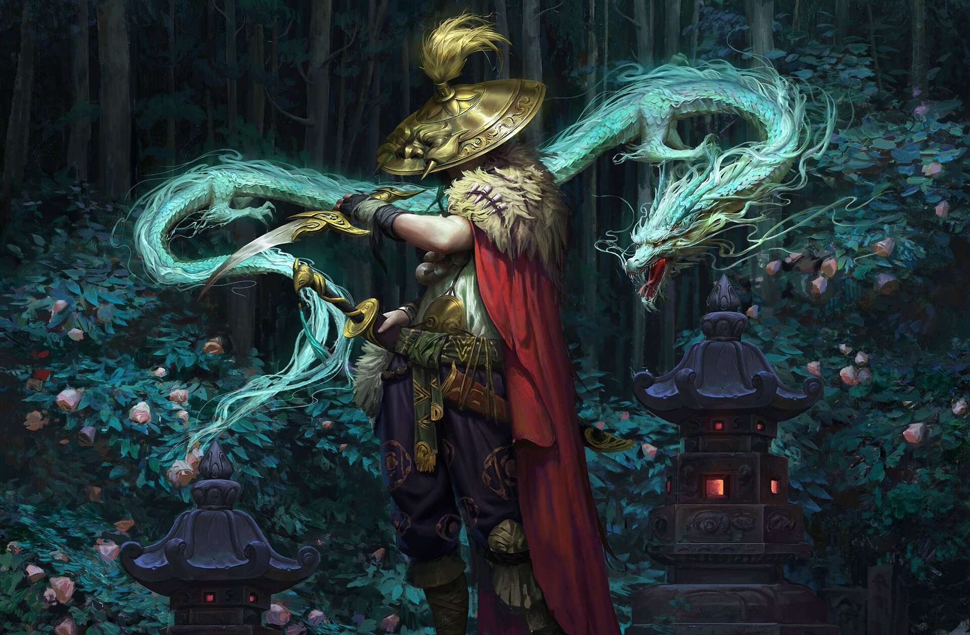 Warrior with a dragon and swords in a forest HD Wallpaper