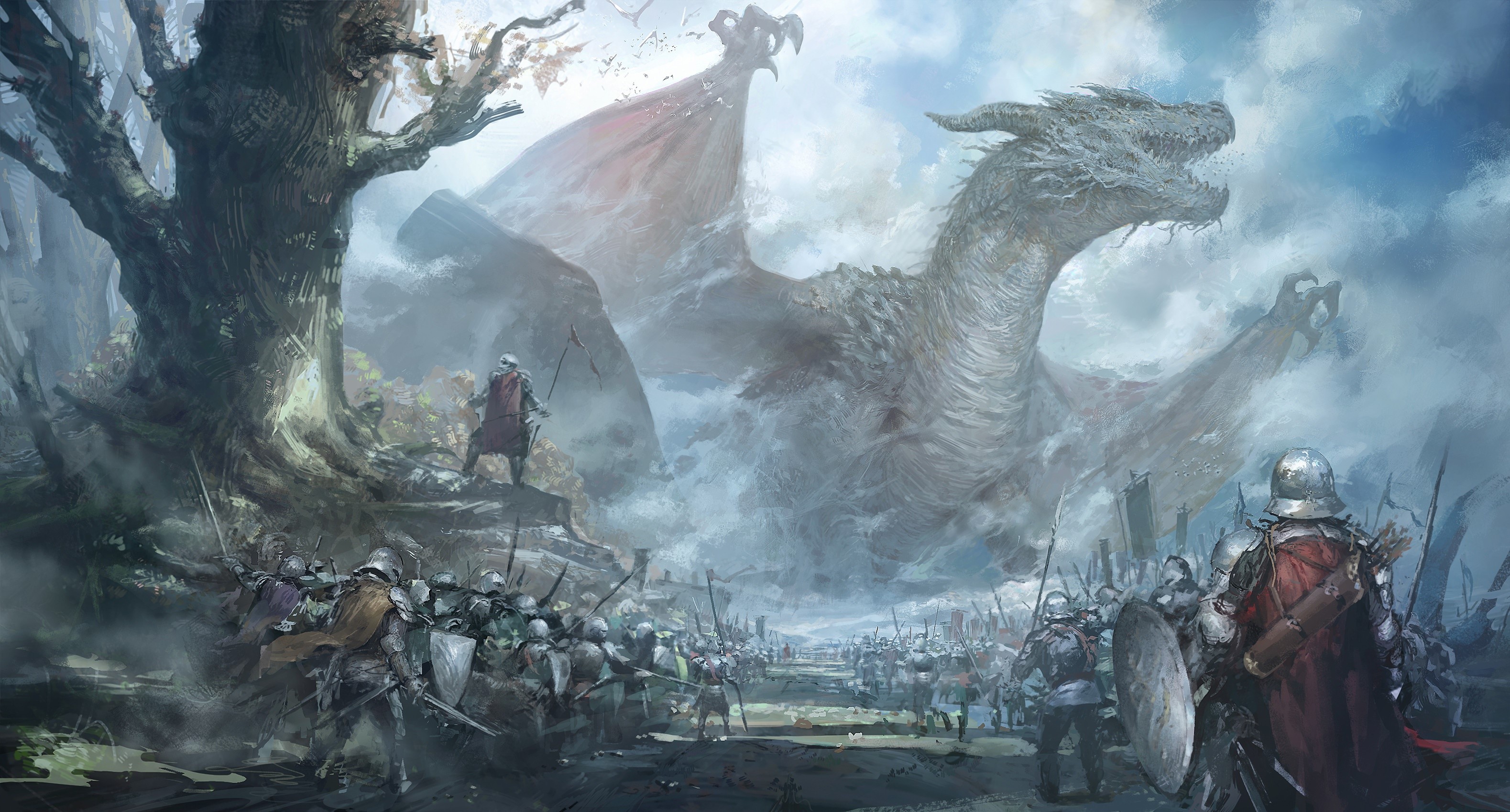 Fantasy artwork of a dragon and an army HD Wallpaper