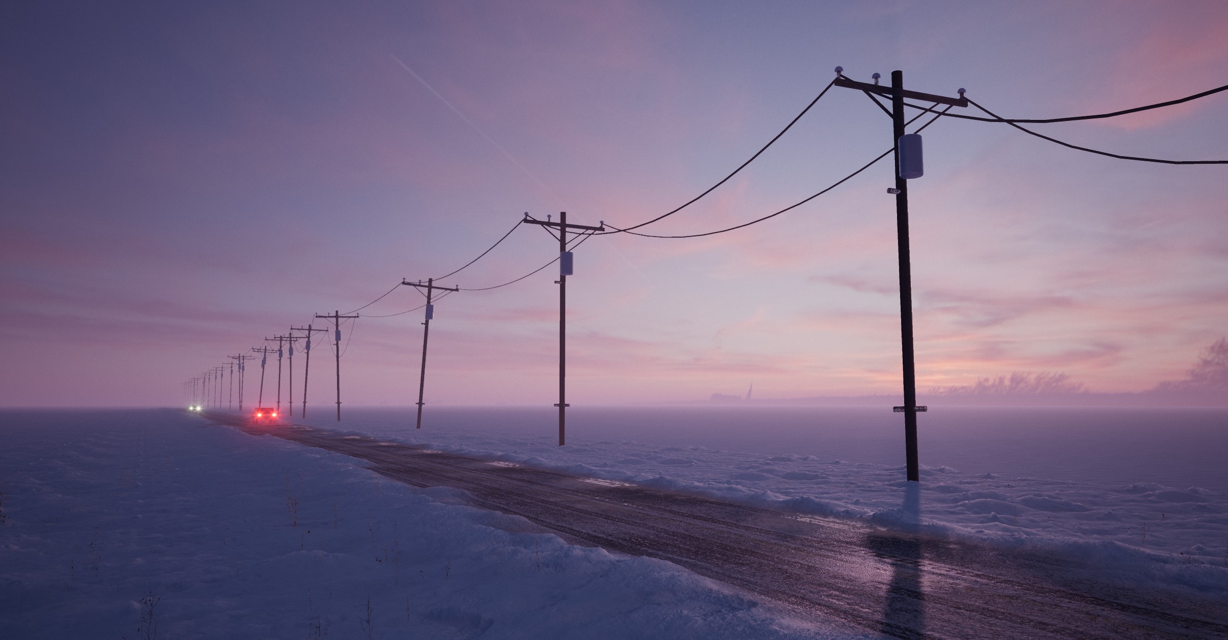 Cars on a snowy road with power lines at dusk HD Wallpaper