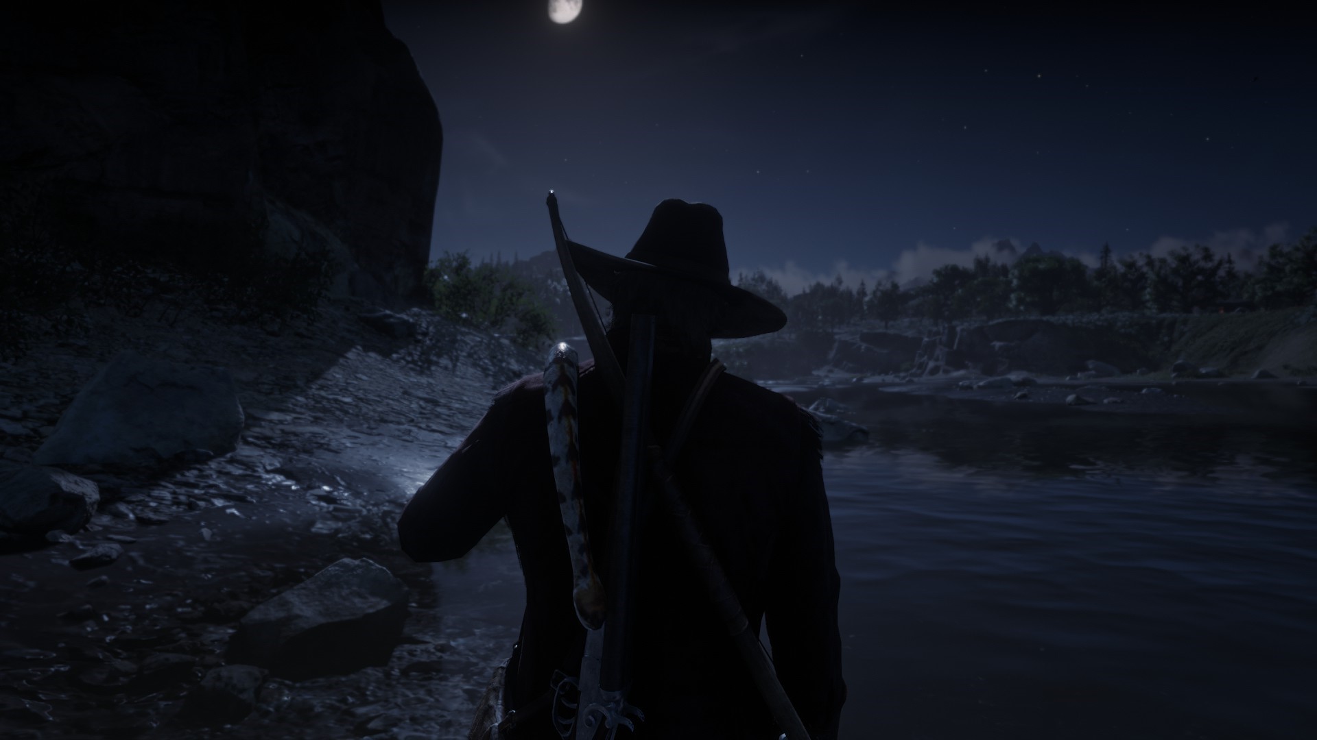 Man with rifle by river at night in Red Dead Redemption 2 HD Wallpaper