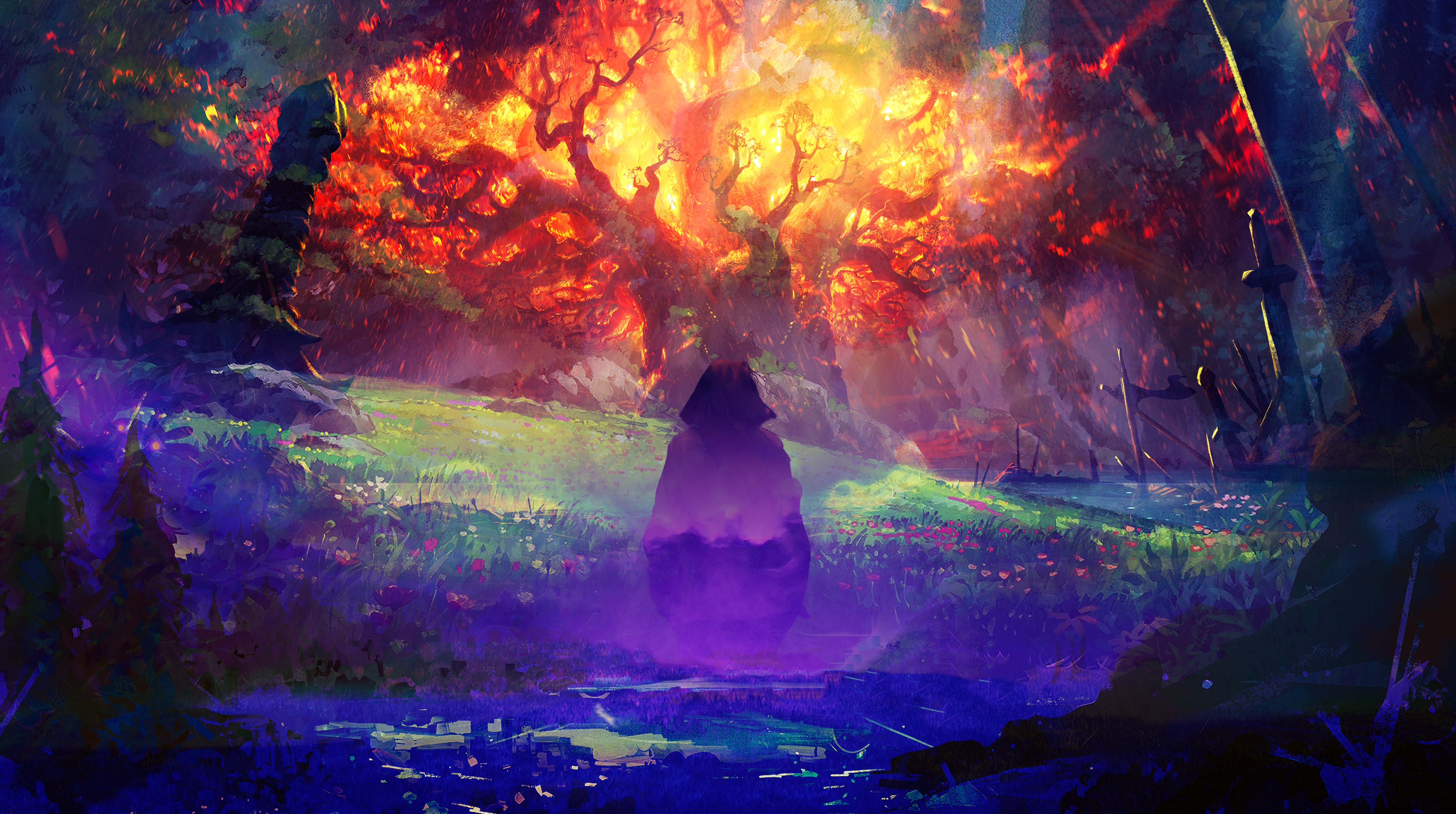 Fantasy landscape with a hooded figure and a glowing tree HD Wallpaper