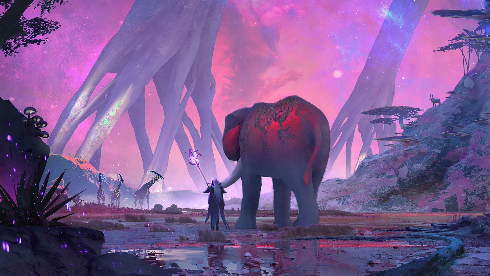 Fantasy landscape with elephant and person holding staff HD Wallpaper